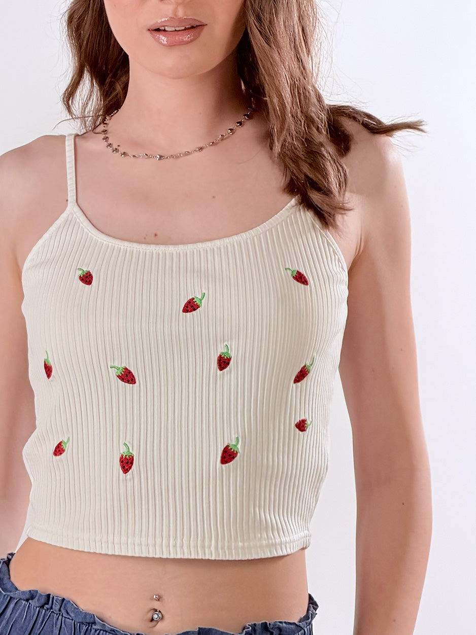Top a costine con ricami fragole|Colore:Bianco latte