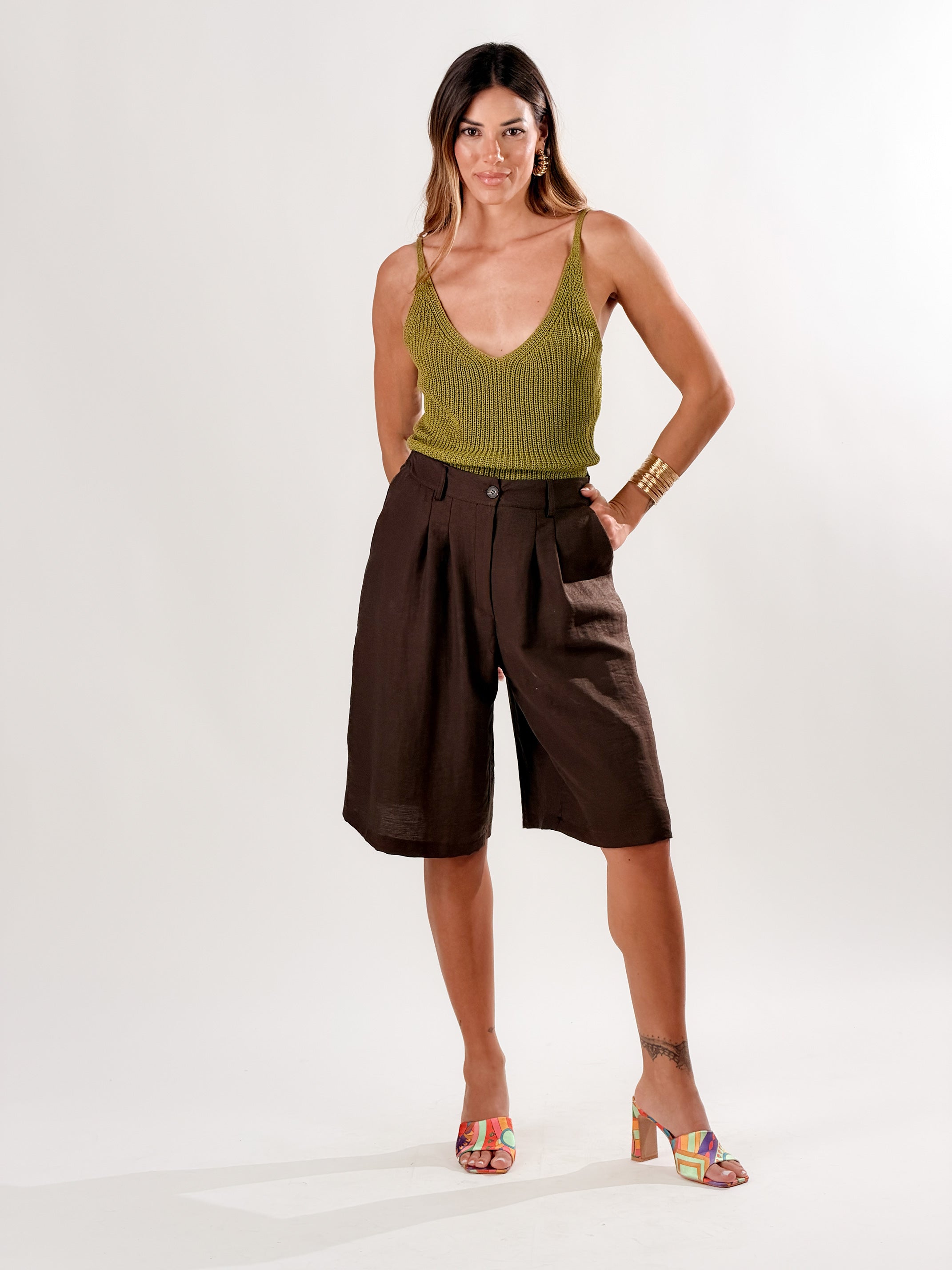 Bermuda capri in lino|Colore:Moka