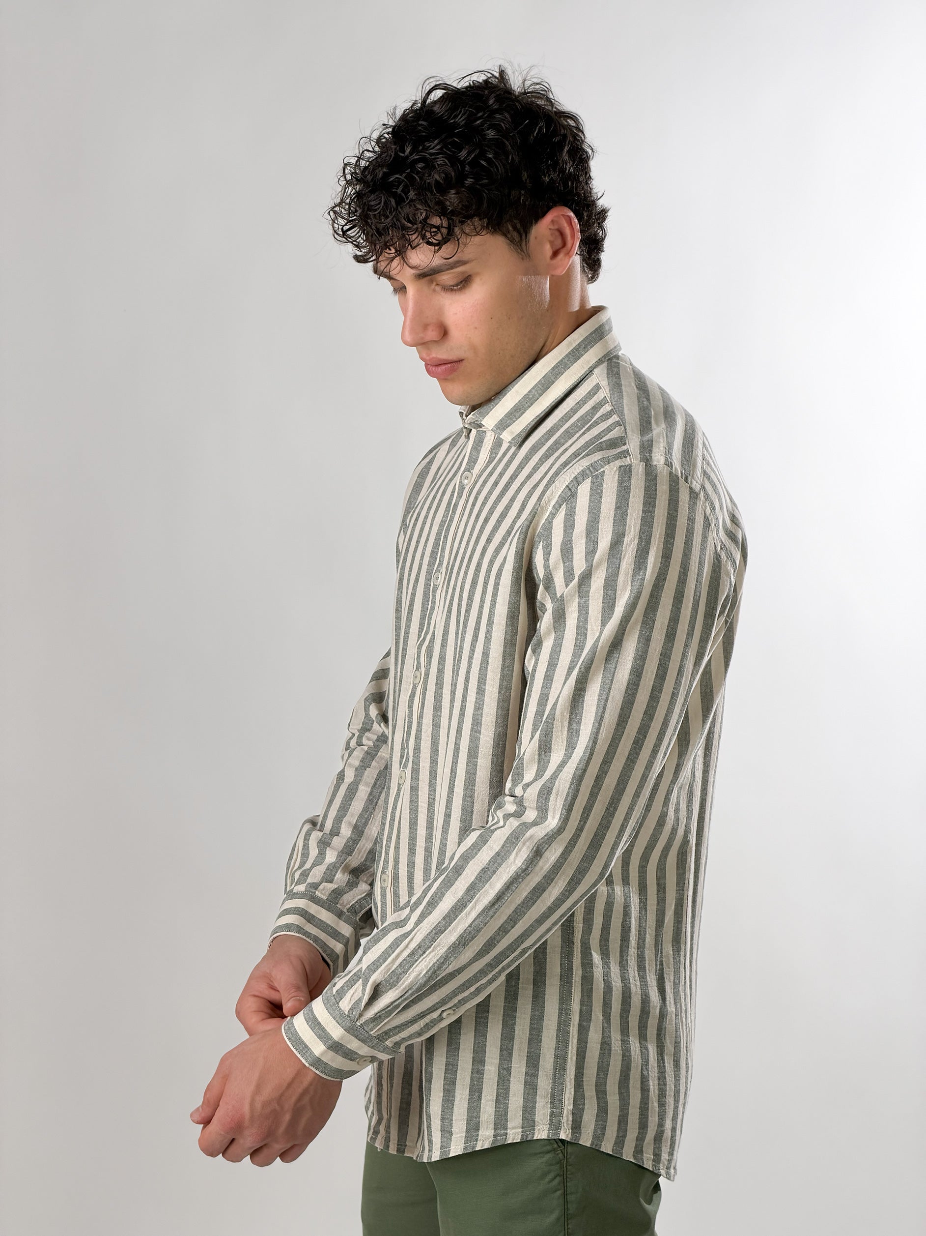 Camicia lino righe medie|Colore:Verde