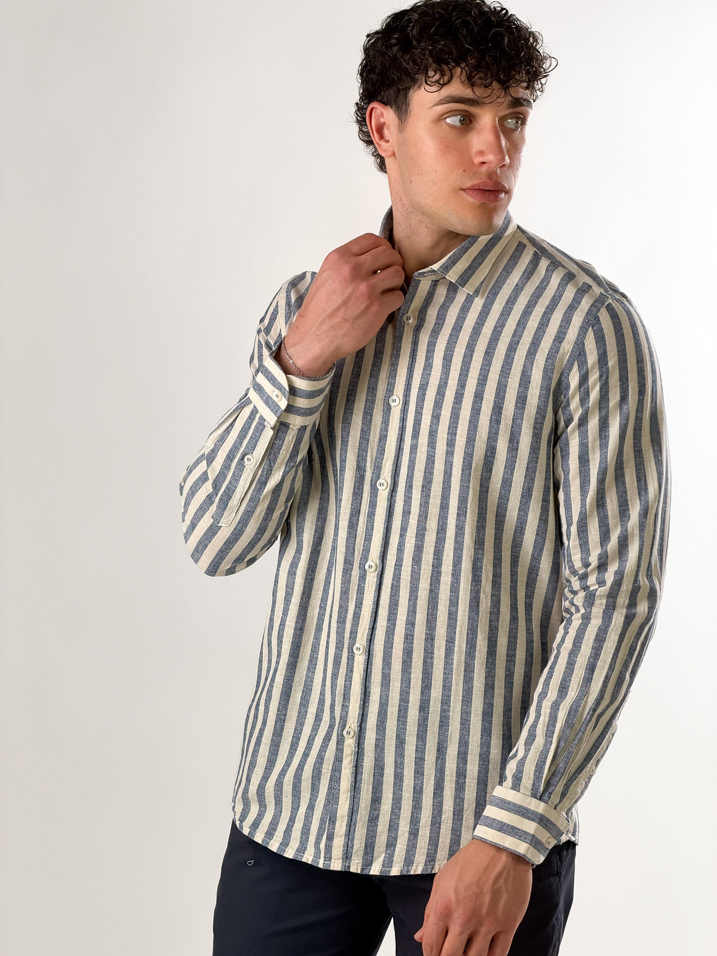 Camicia lino righe medie|Colore:Blu navy