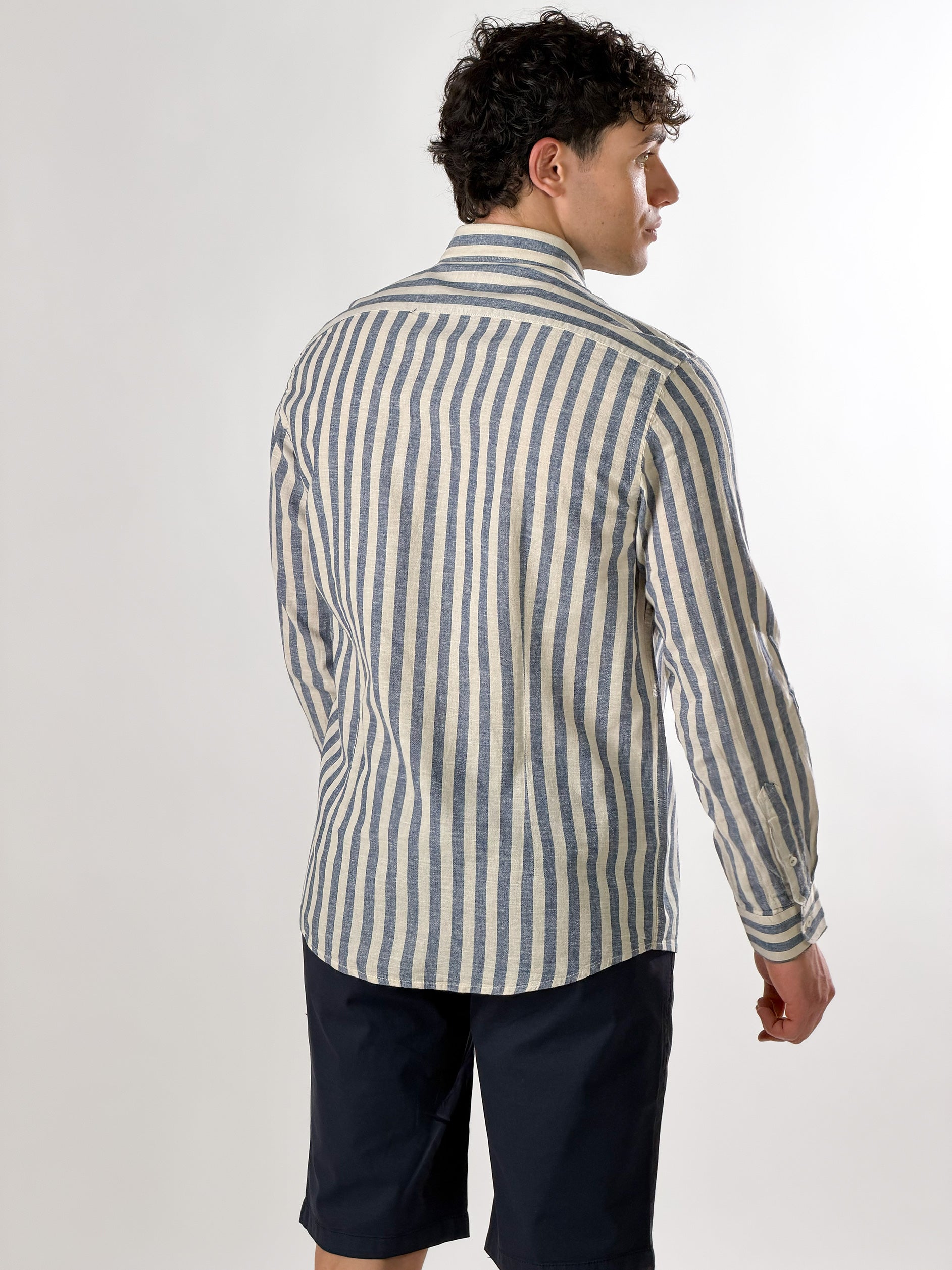 Camicia lino righe medie|Colore:Blu navy
