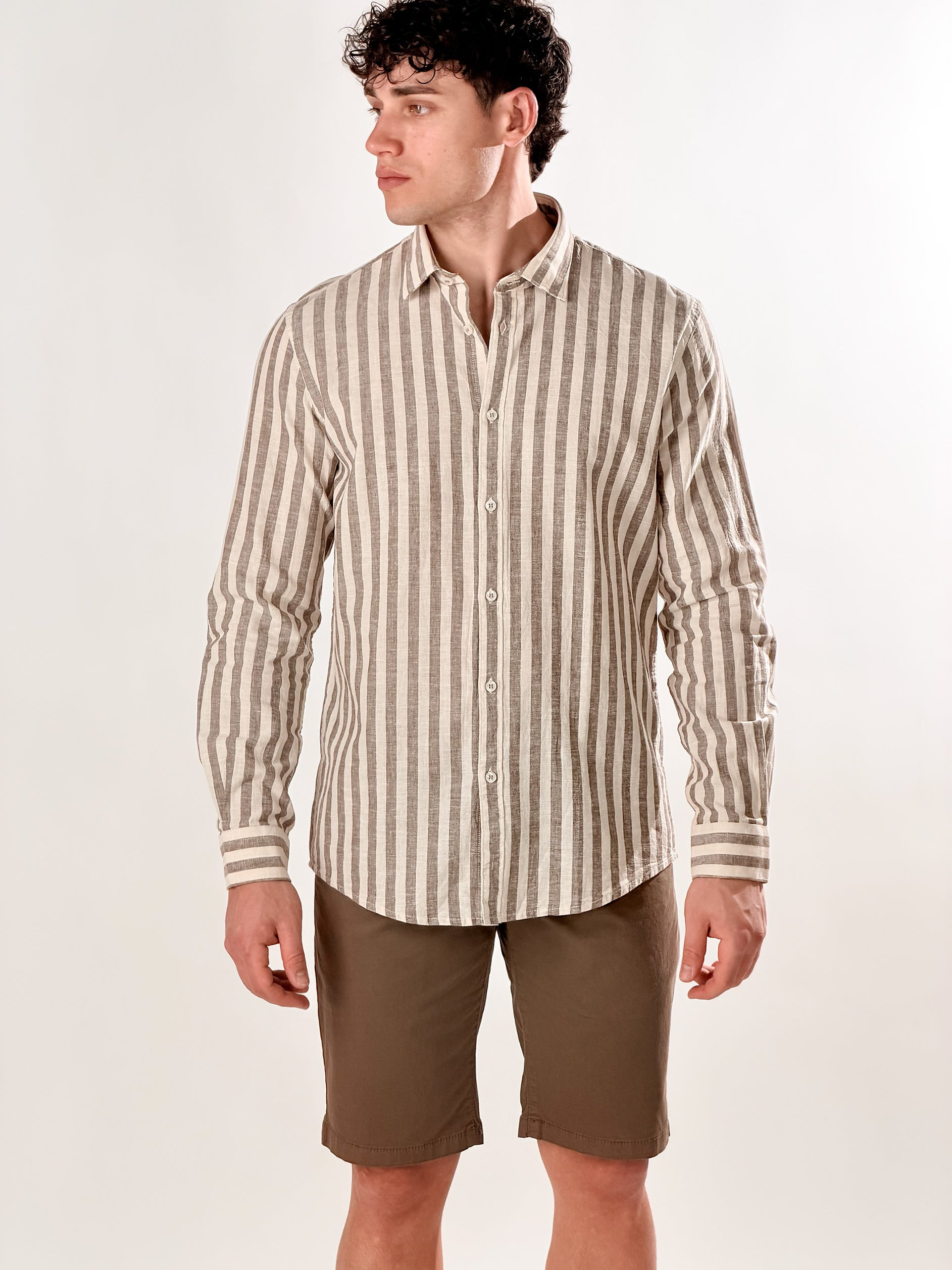 Camicia lino righe medie|Colore:Marrone