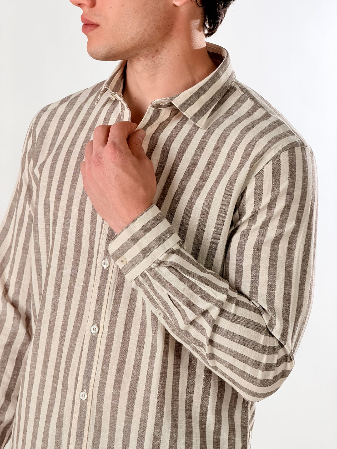 Camicia lino righe medie|Colore:Marrone