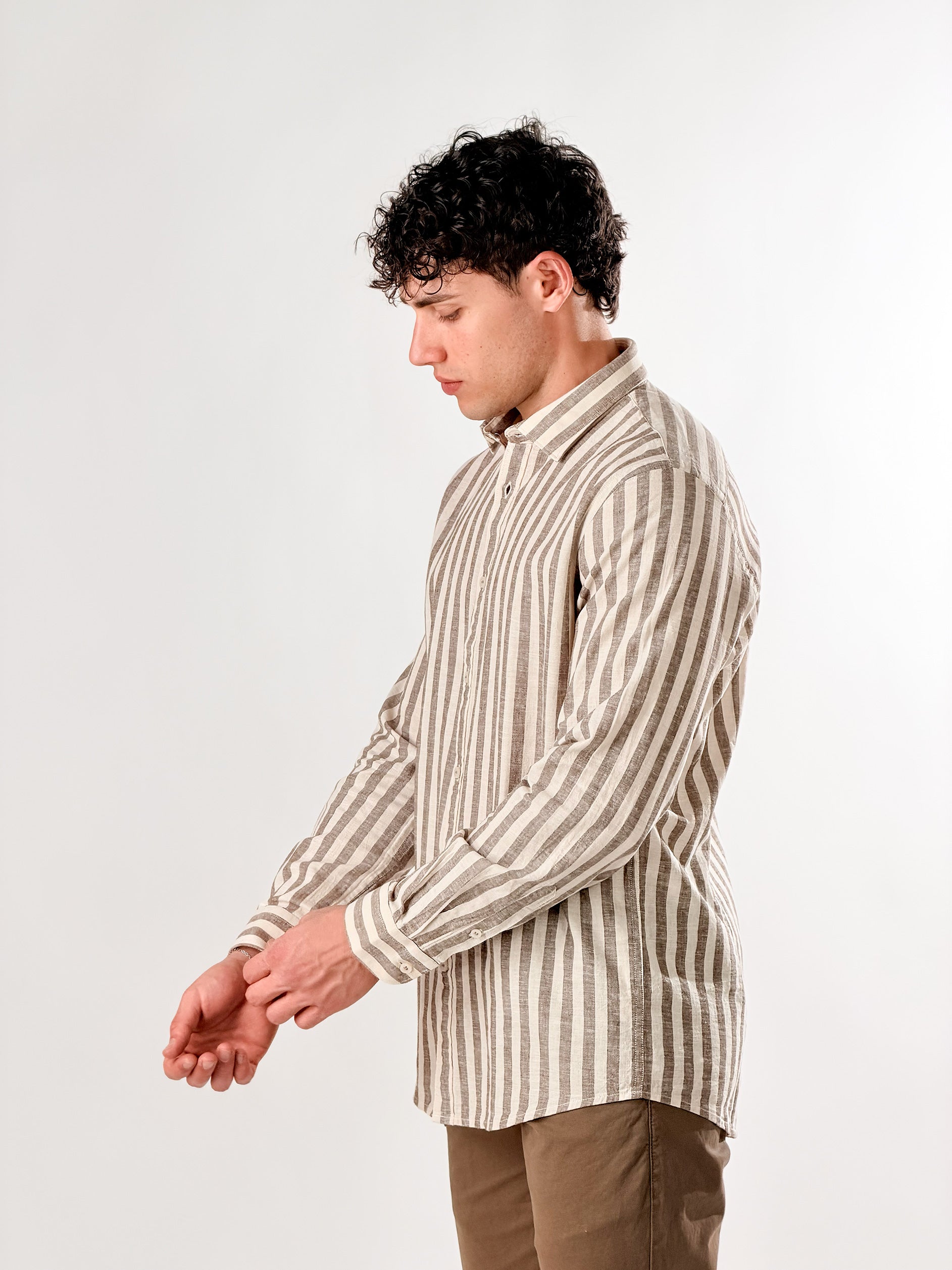Camicia lino righe medie|Colore:Marrone