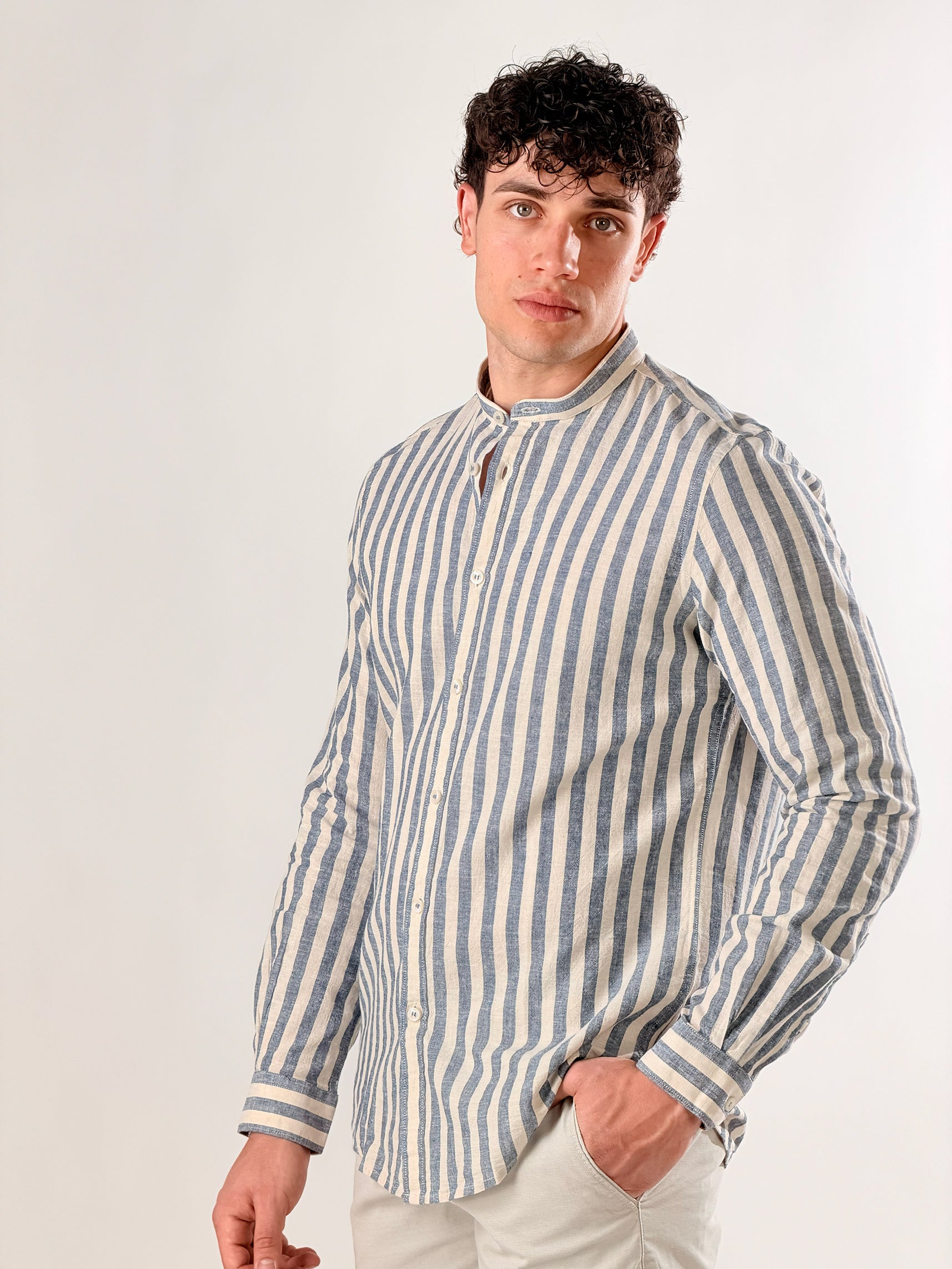 Camicia righe medie di Lino collo coreana|Colore:Blu