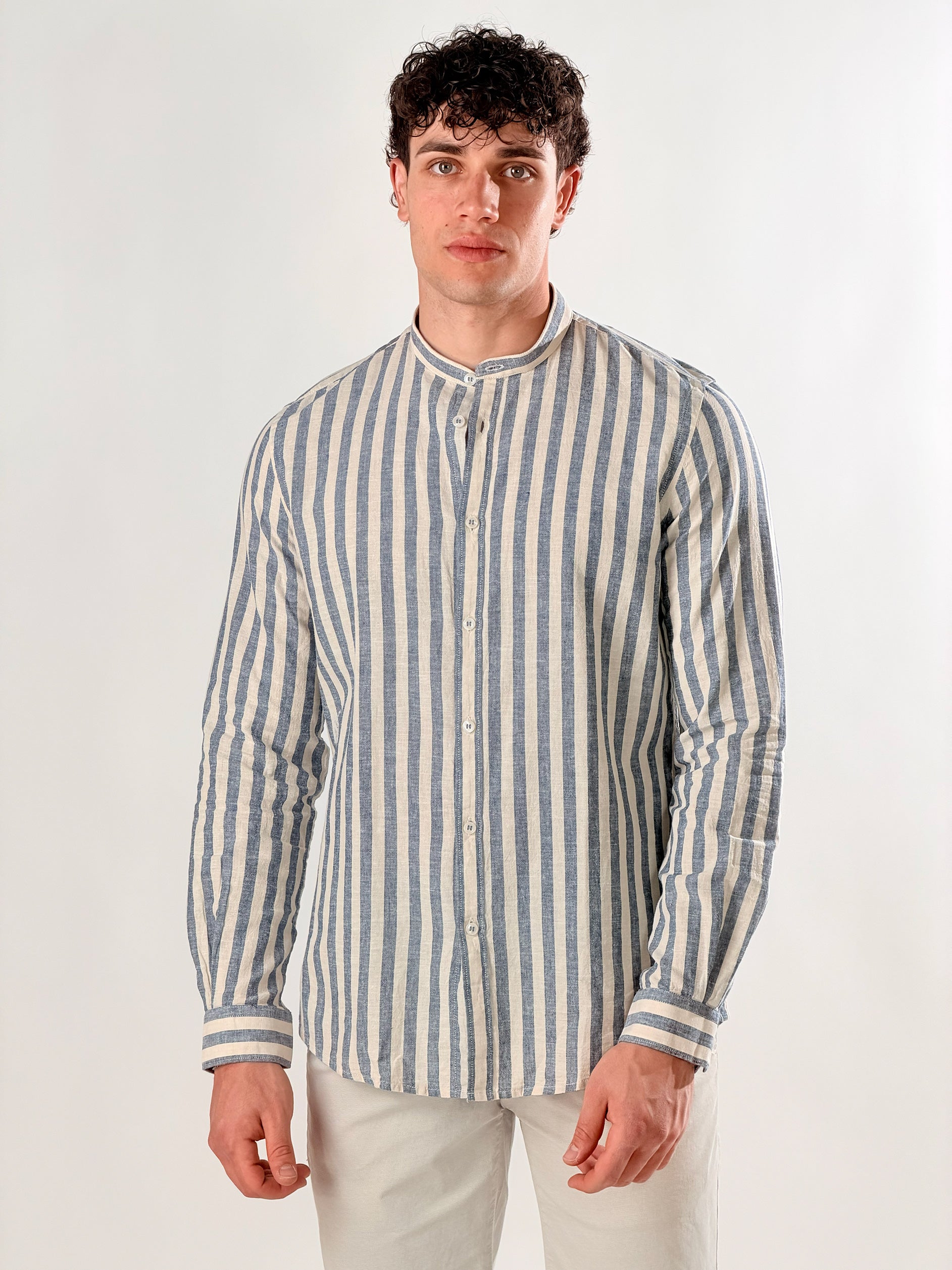 Camicia righe medie di Lino collo coreana|Colore:Blu