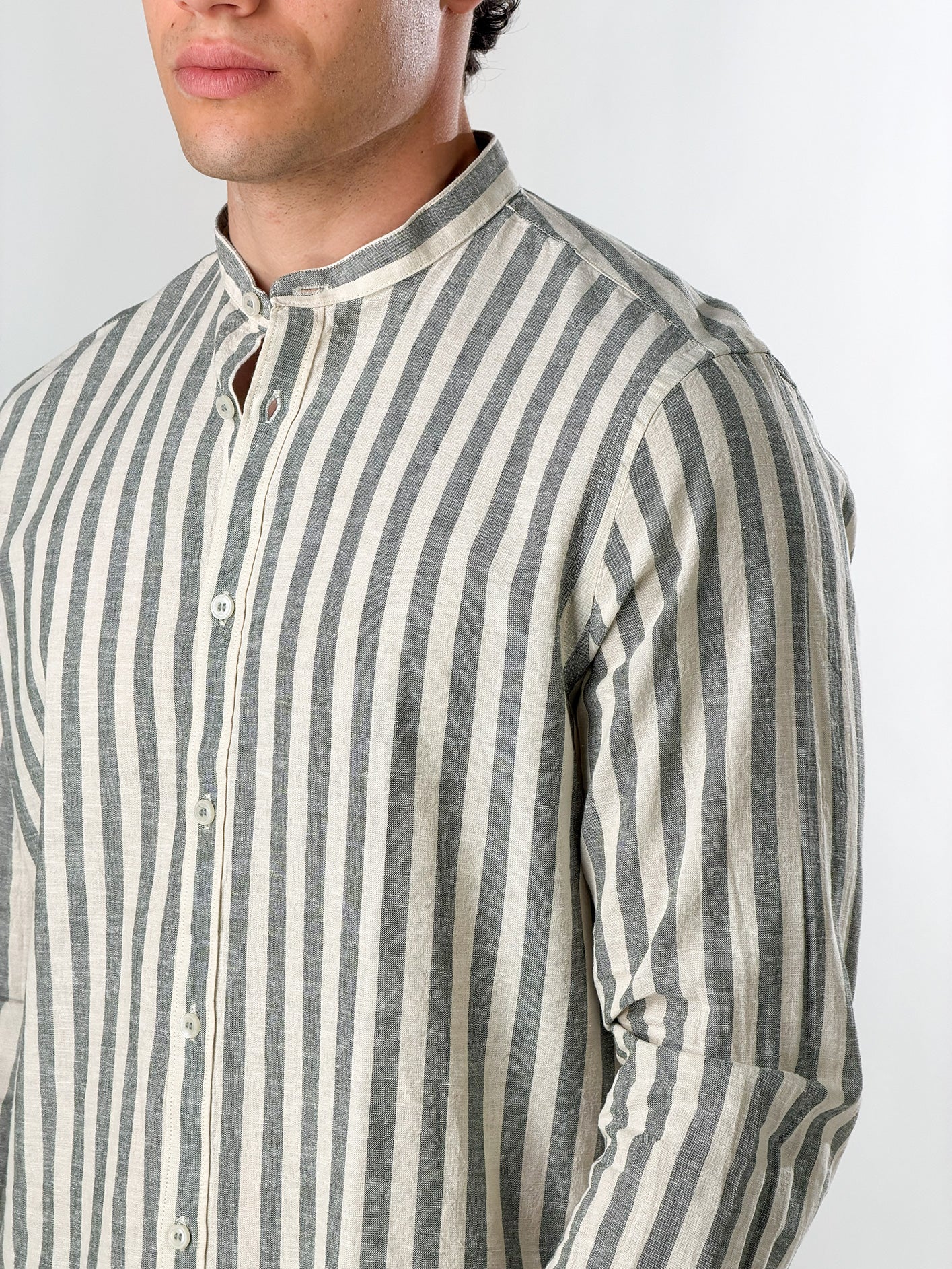 Camicia righe medie di Lino collo coreana|Colore:Verde