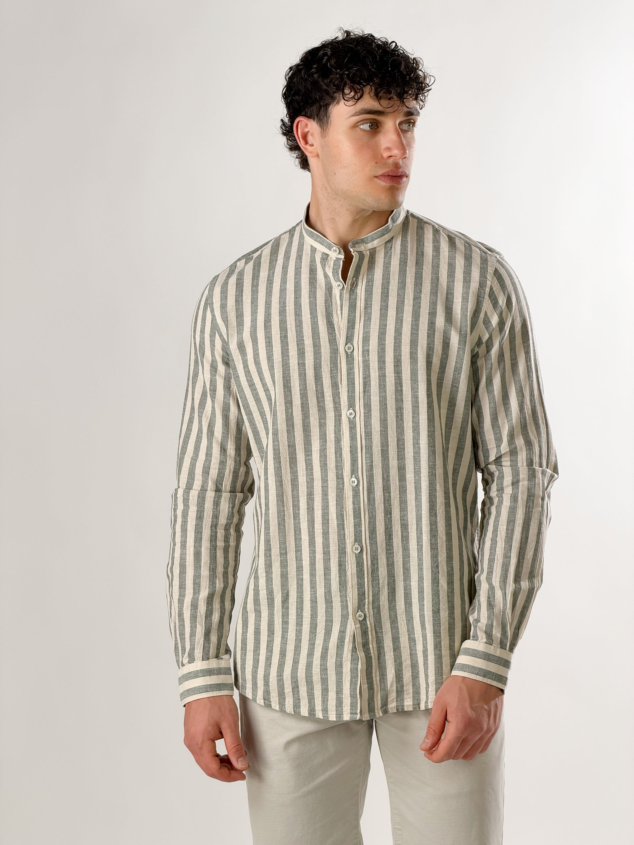 Camicia righe medie di Lino collo coreana|Colore:Verde