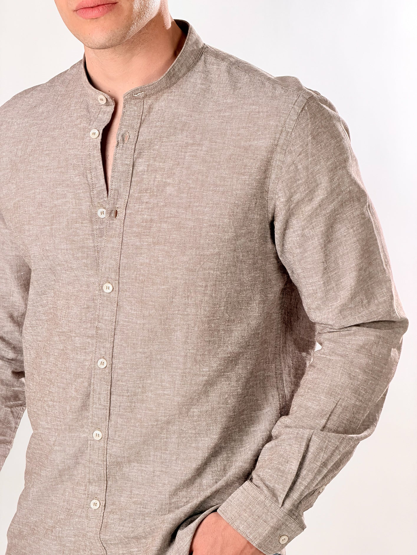 Camicia Lino melangiato collo coreana|Colore:Moro