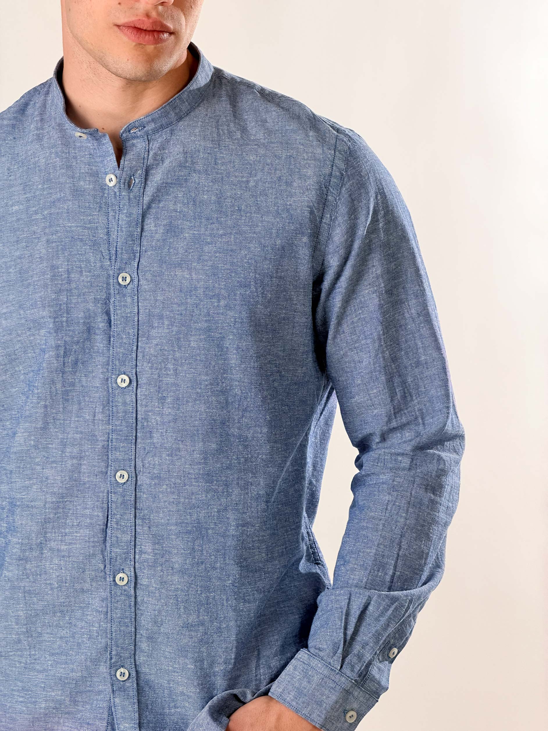 Camicia Lino melangiato collo coreana|Colore:Blu
