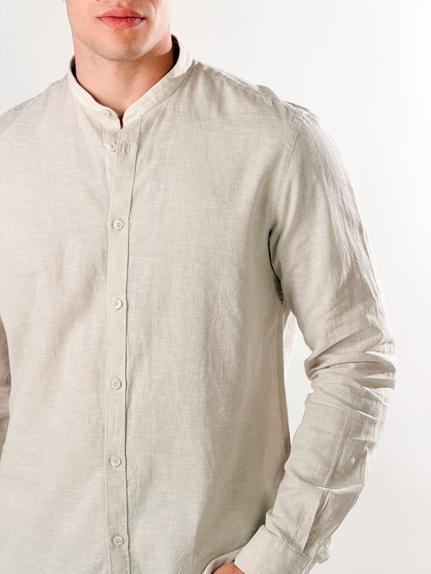 Camicia Lino melangiato collo coreana|Colore:Beige