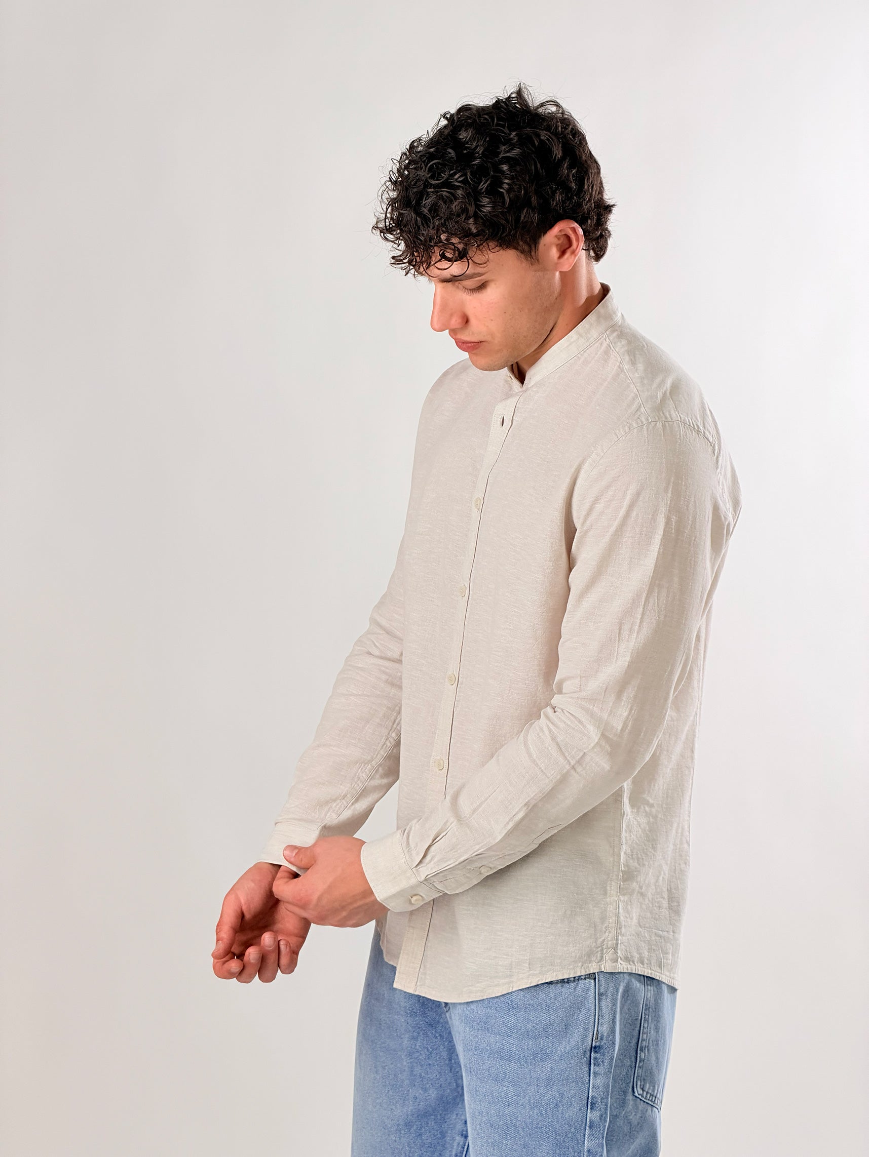 Camicia Lino melangiato collo coreana|Colore:Beige