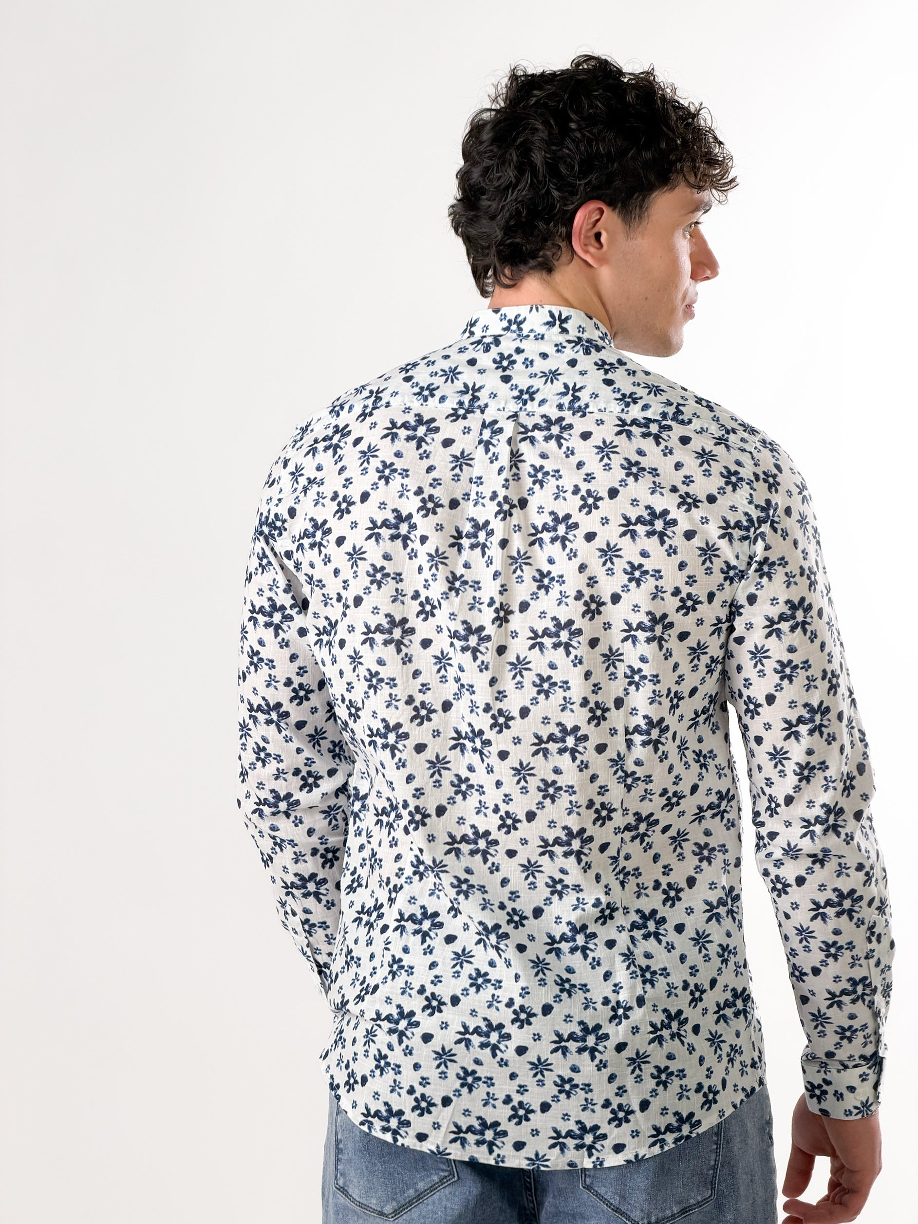 Camicia coreana fiore blu|Colore:Bianco