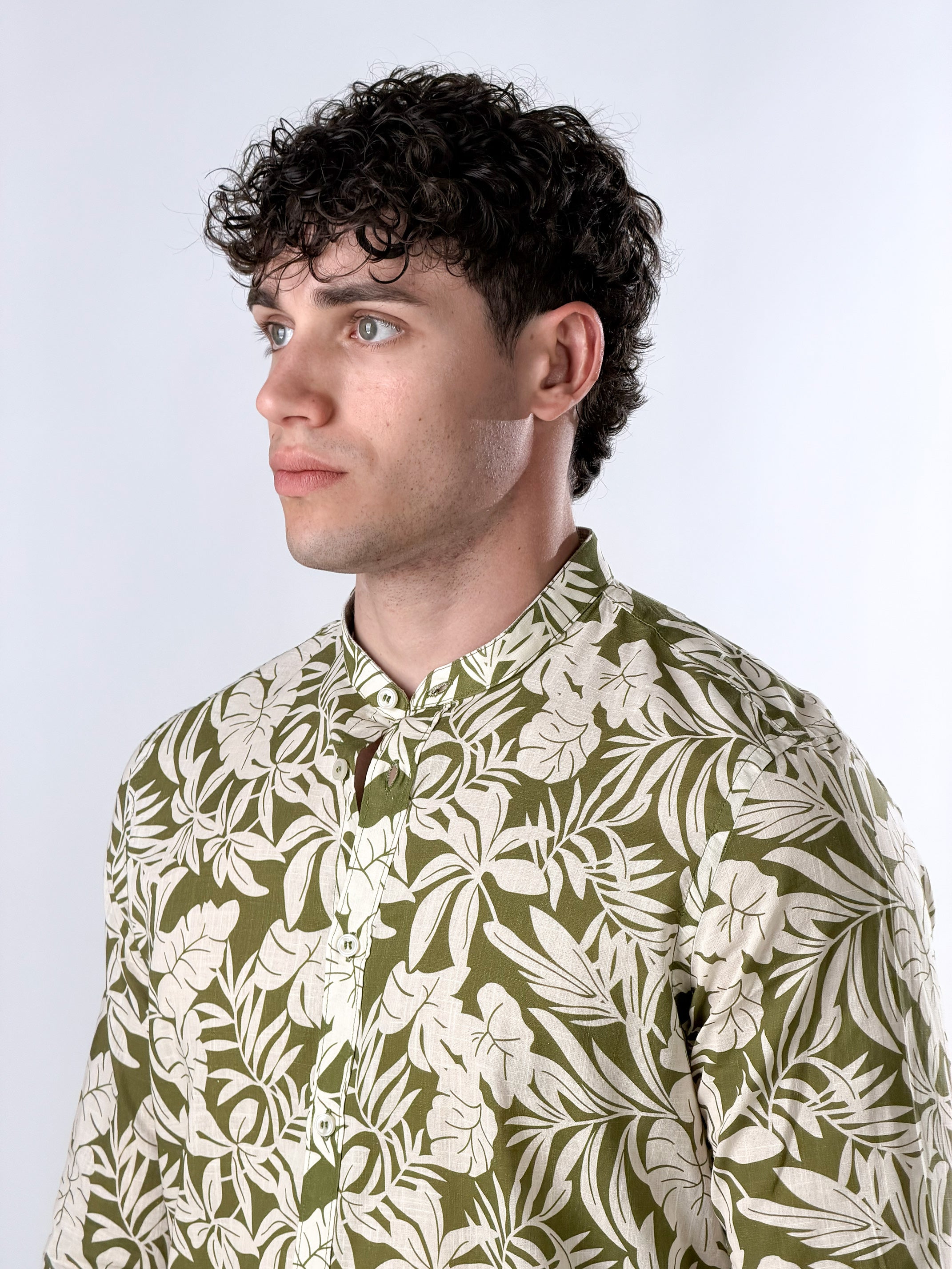 Camicia  collo coreana con stampa verde oliva|Colore:Verde militare