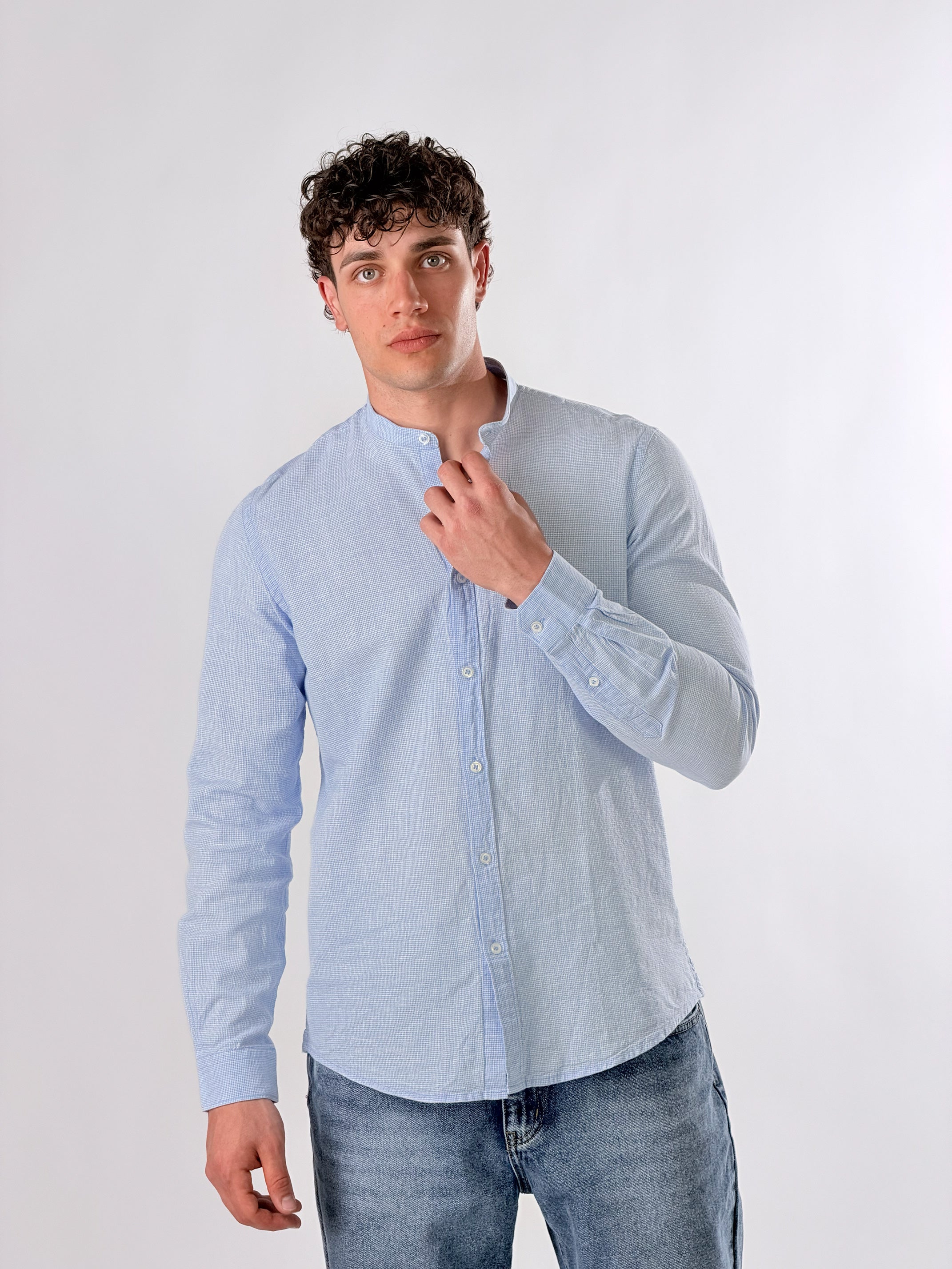 Camicia coreana micro quadretti|Colore:Celeste