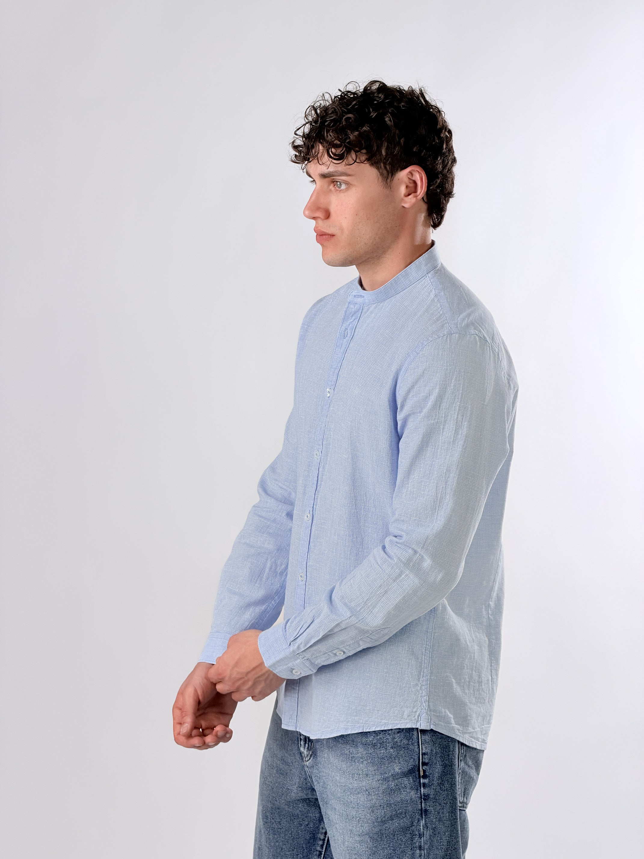 Camicia coreana micro quadretti|Colore:Celeste