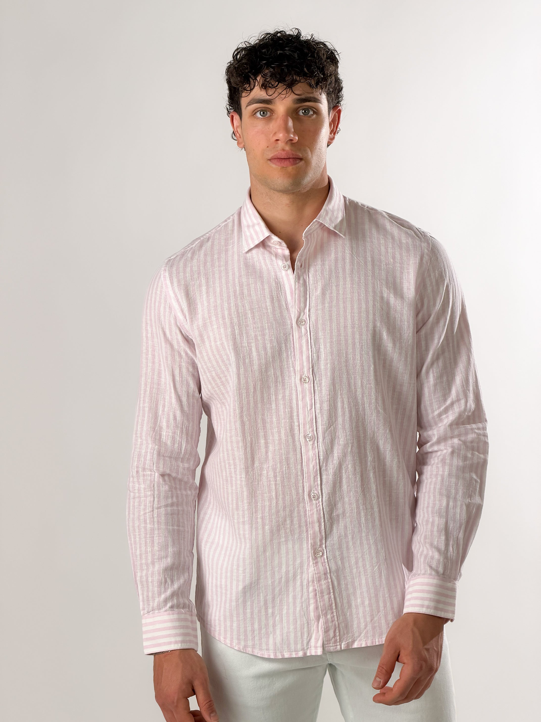 Camicia misto lino righe grandi|Colore:Rosa