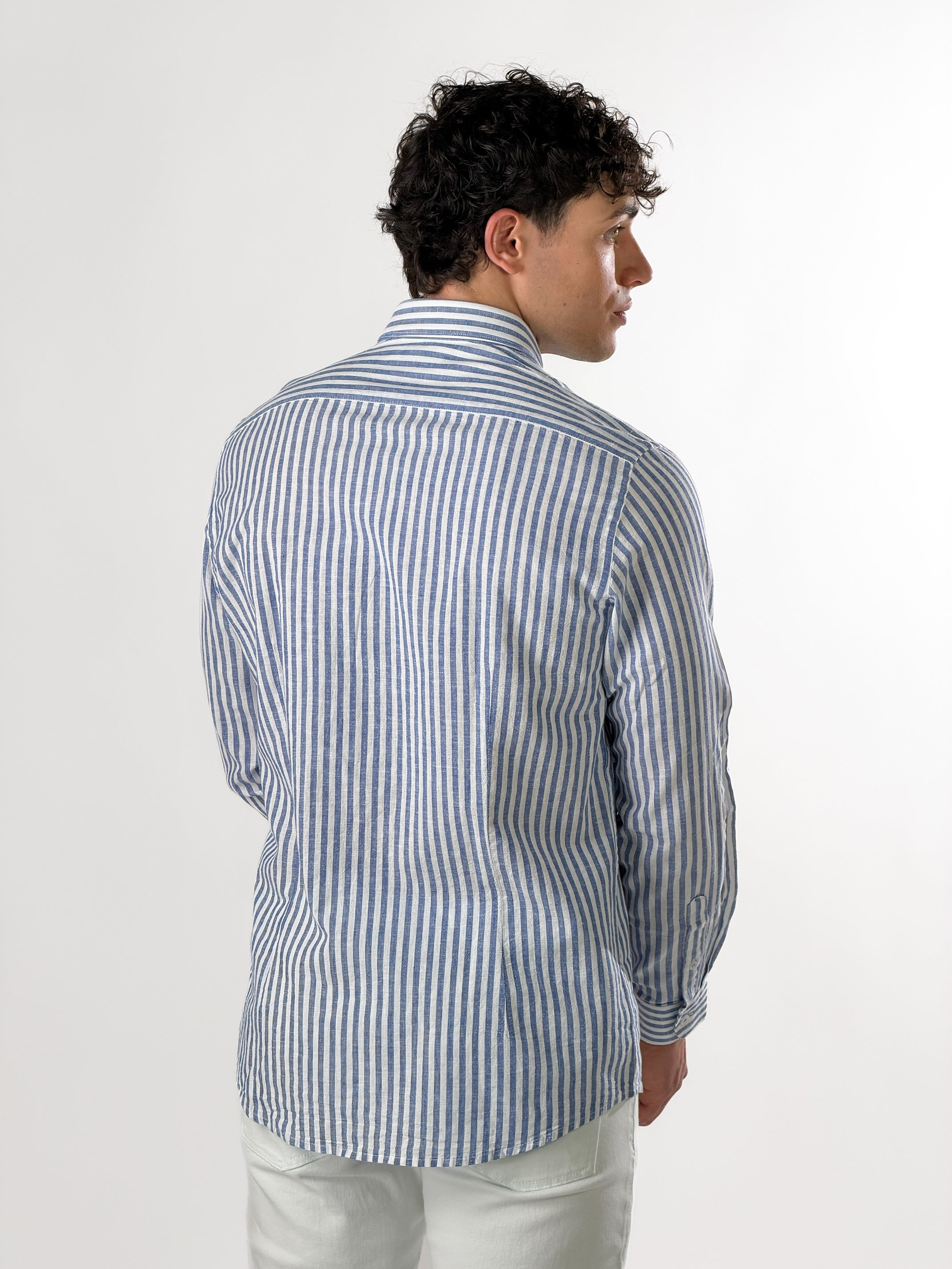 Camicia misto lino righe grandi|Colore:Bluette