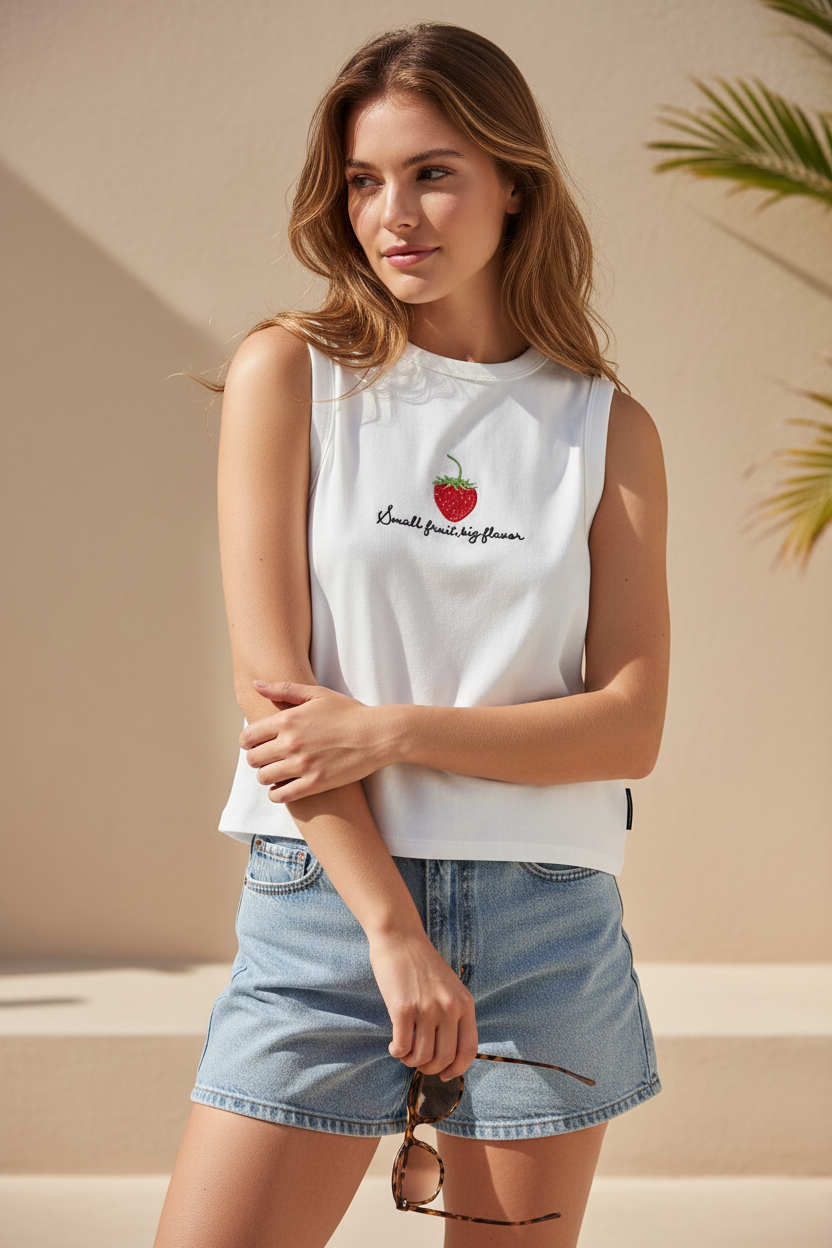Top con ricamo fragola|Colore:Bianco latte