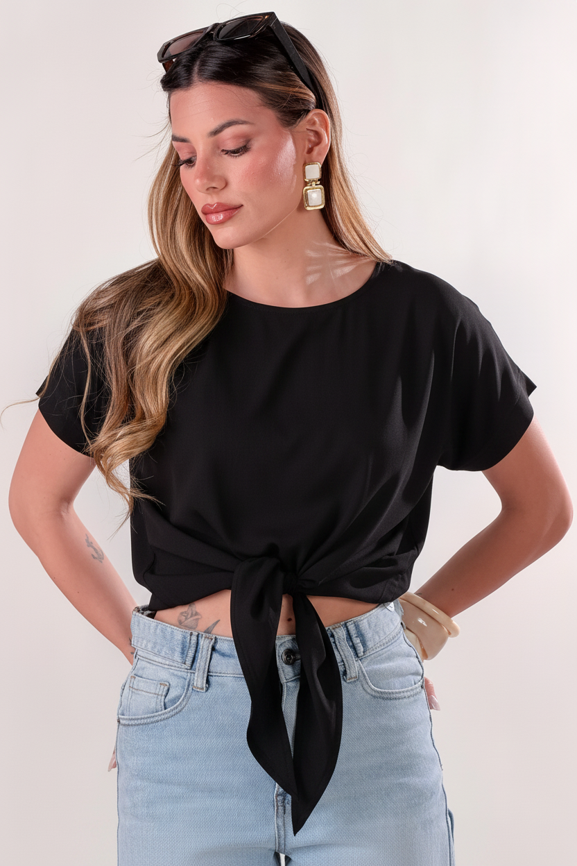 T-Shirt Cropped con Nodo|Colore:Nero