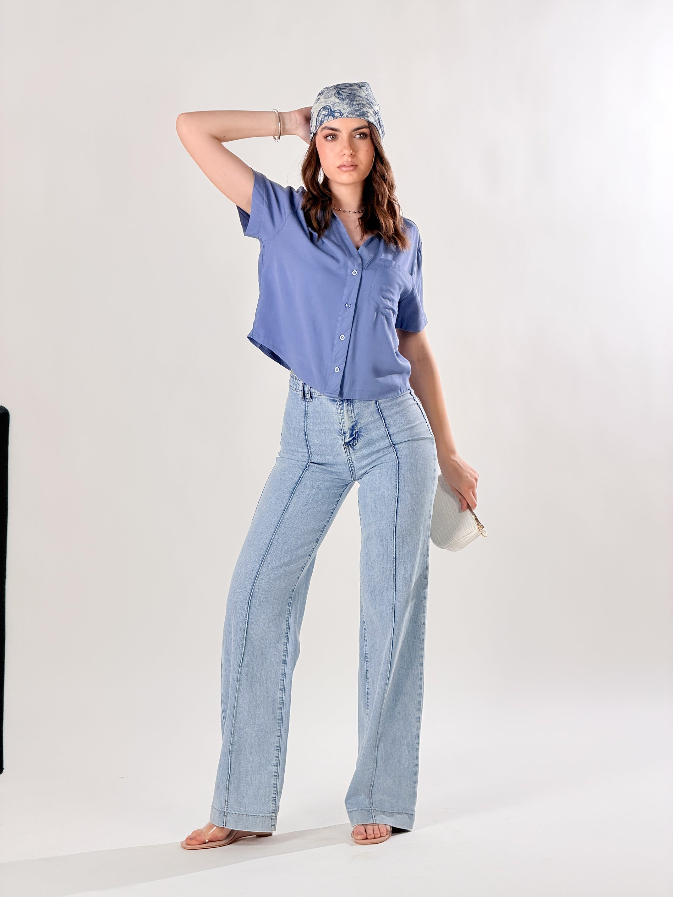 Camicia crop mono taschino|Colore:Denim