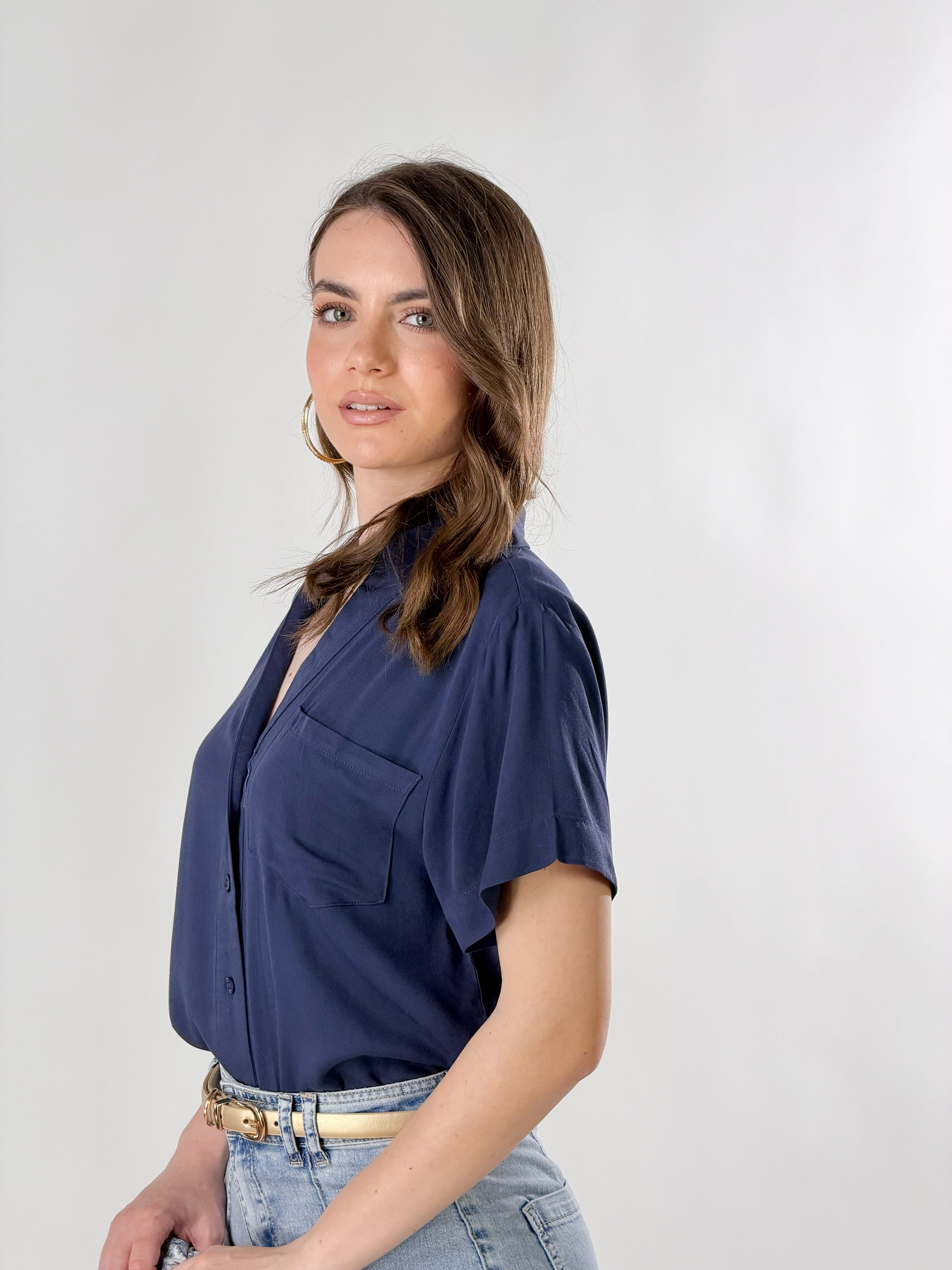 Camicia crop mono taschino|Colore:Blu navy