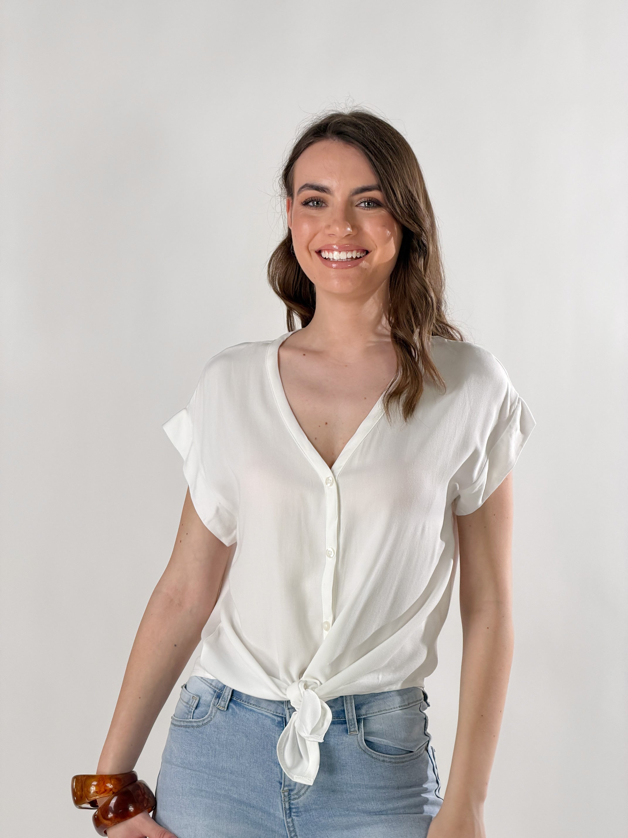 Camicia Nodo scollo a V|Colore:Bianco latte