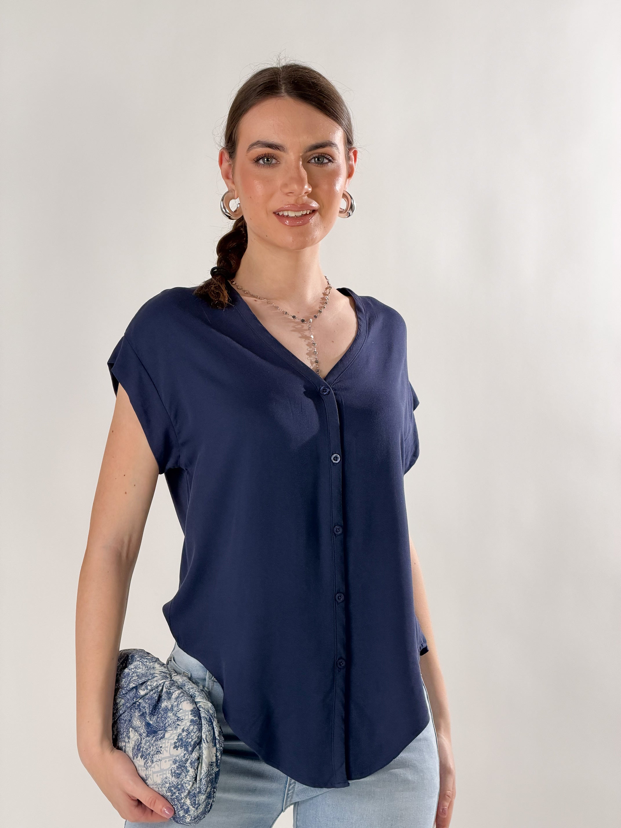Camicia Nodo scollo a V|Colore:Blu navy