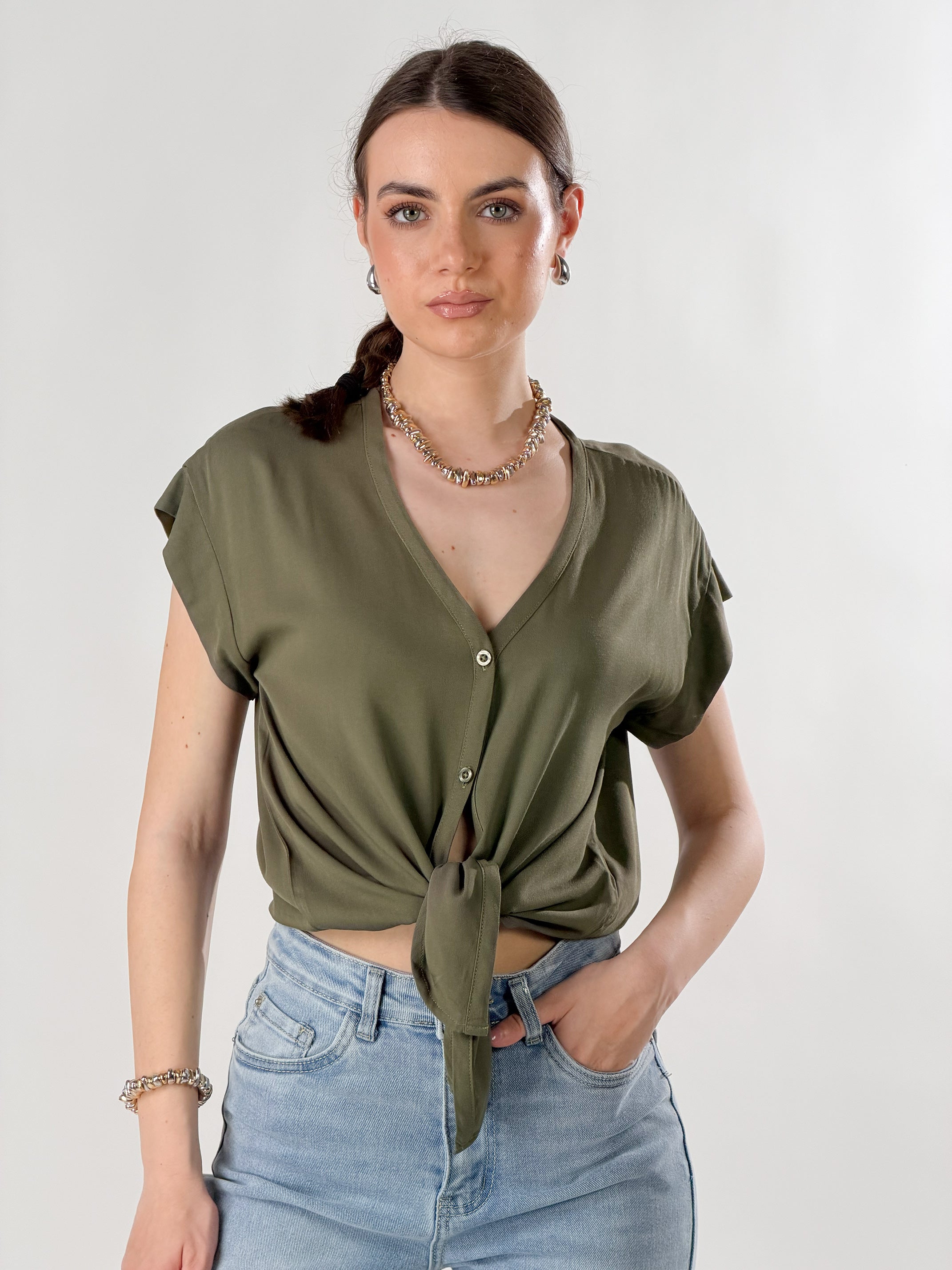 Camicia Nodo scollo a V|Colore:Salvia