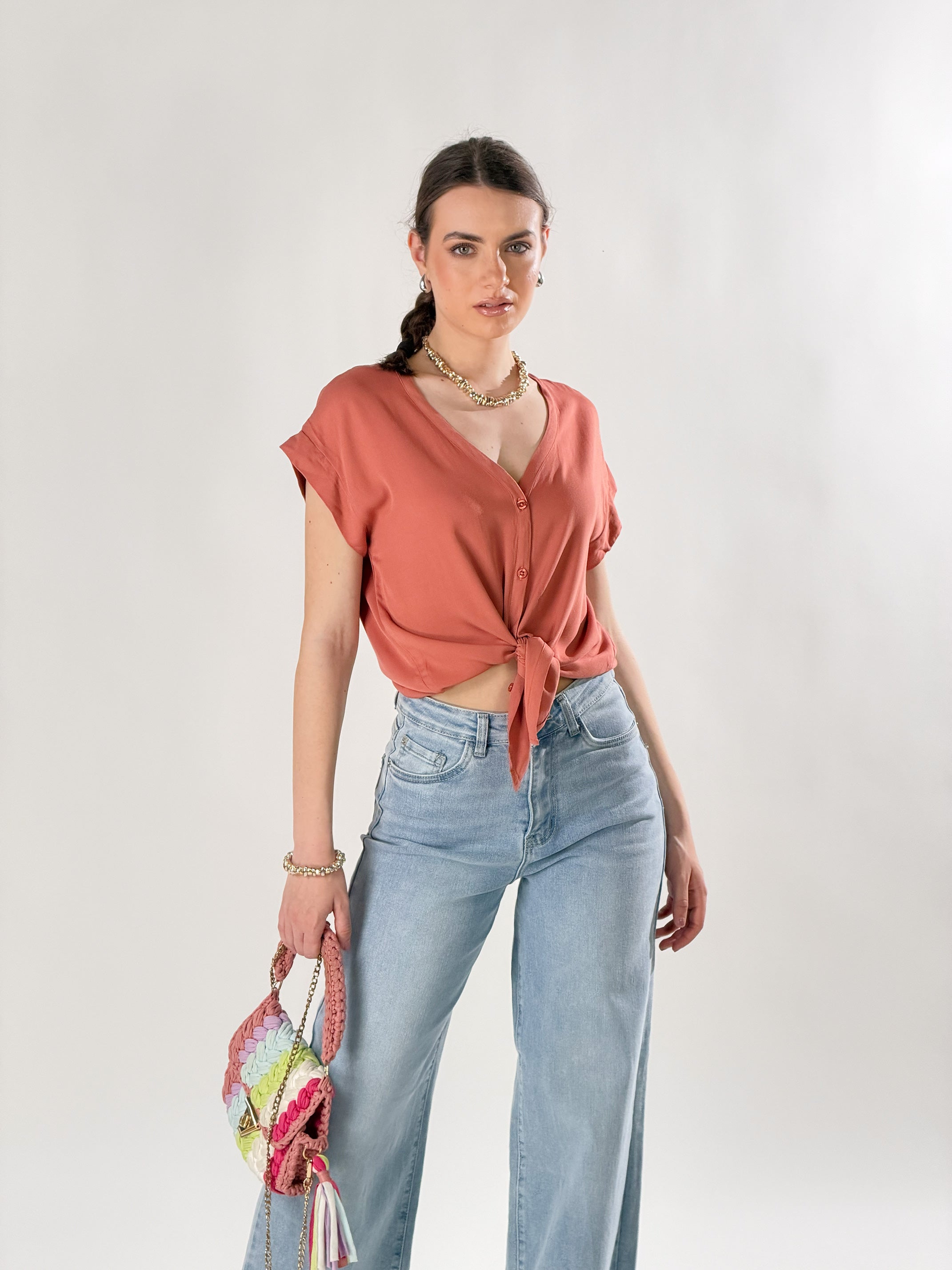 Camicia Nodo scollo a V|Colore:Terracotta