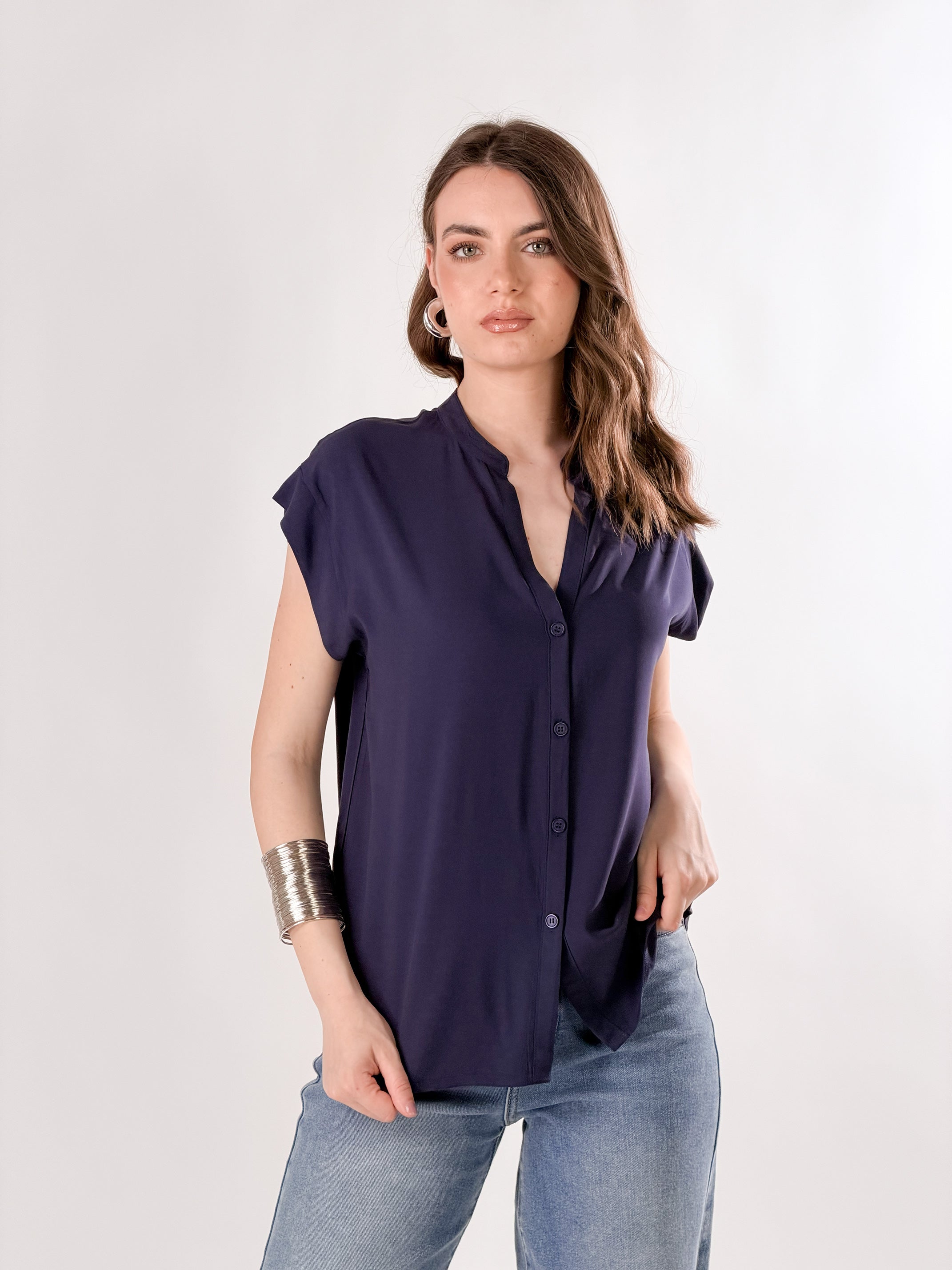 Camicia scollo V|Colore:Blu navy
