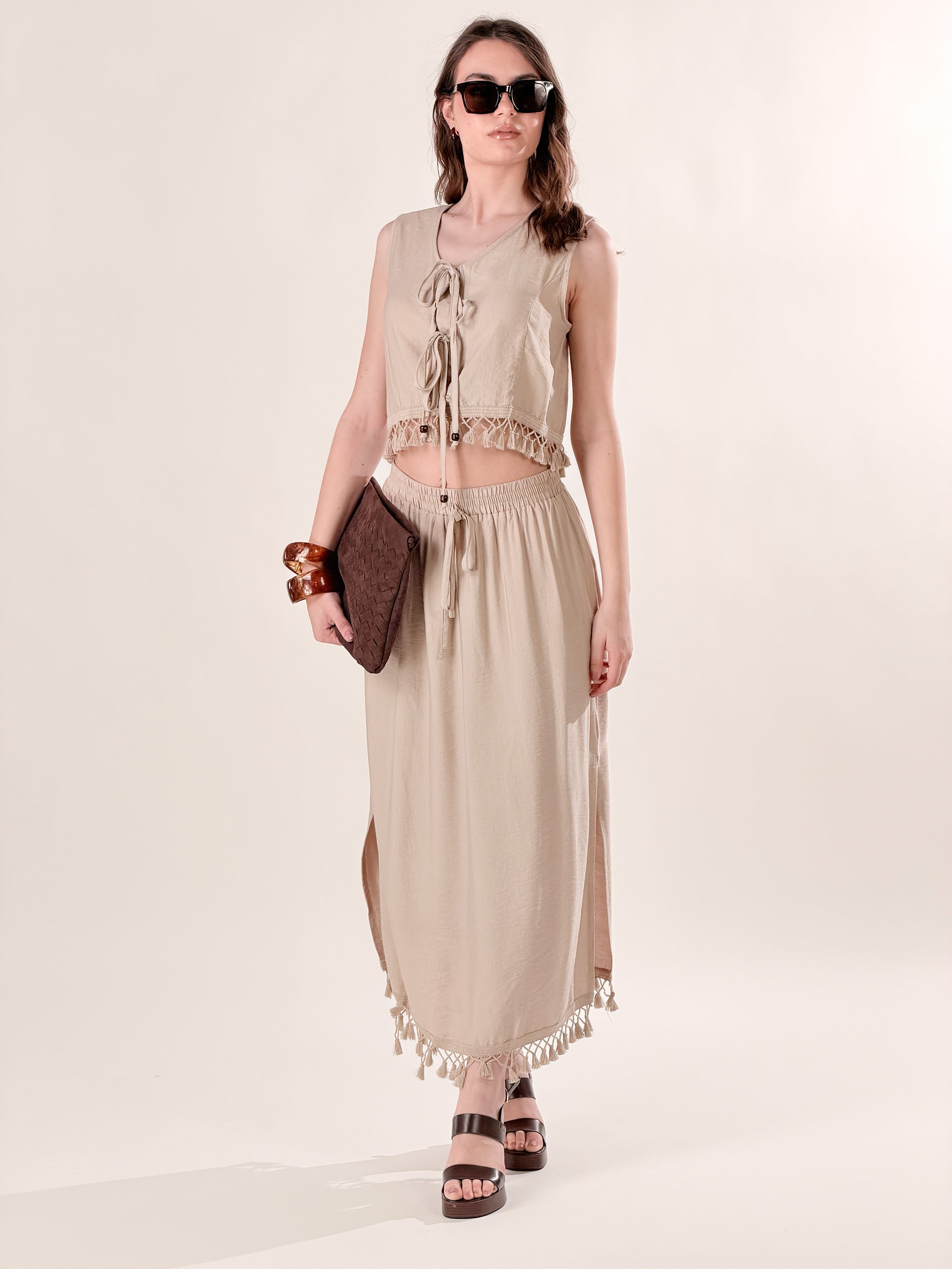Gonna con nappine|Colore:Beige