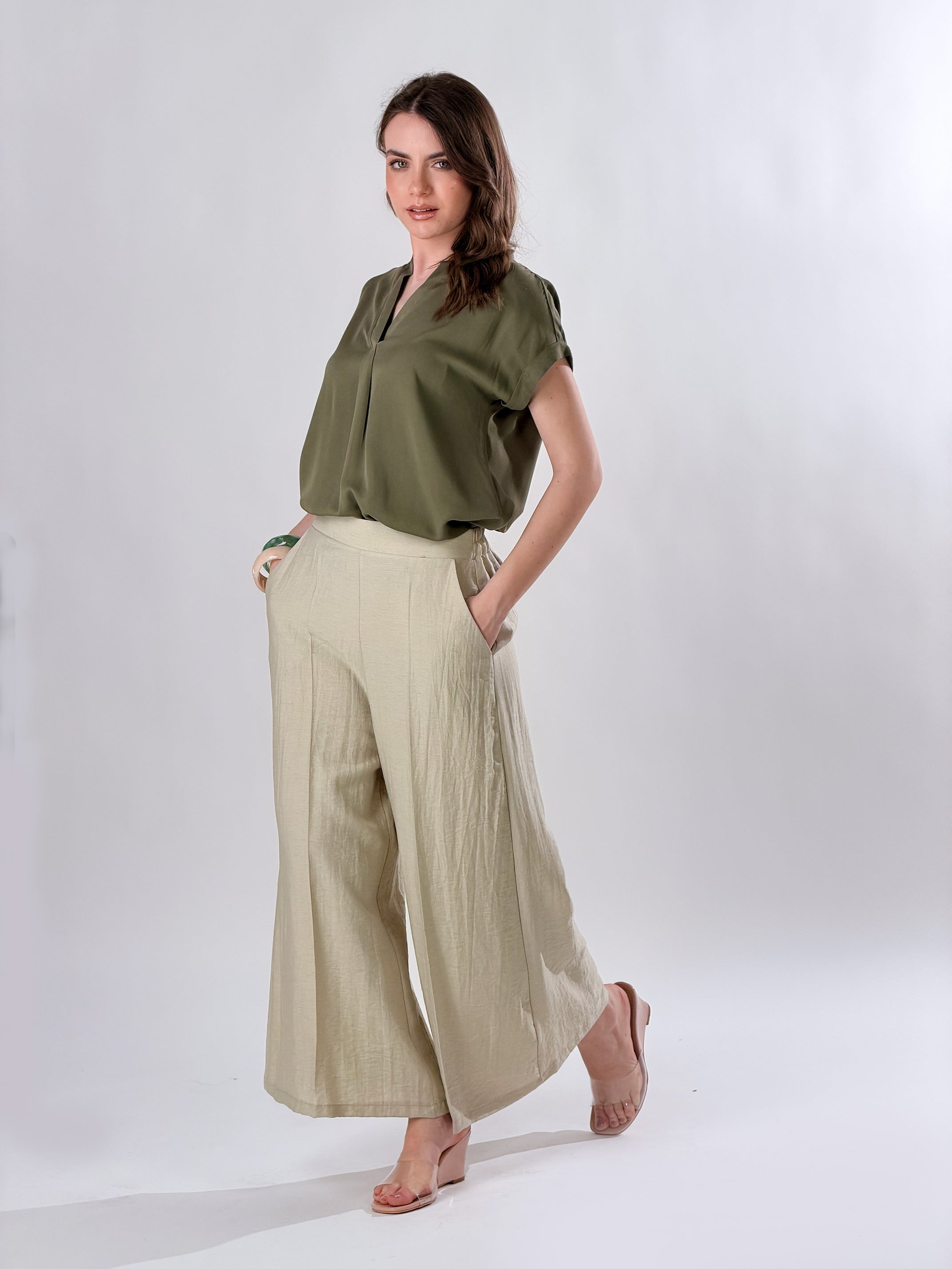 Pantaloni ampi alla caviglia misto lino|Colore:Beige