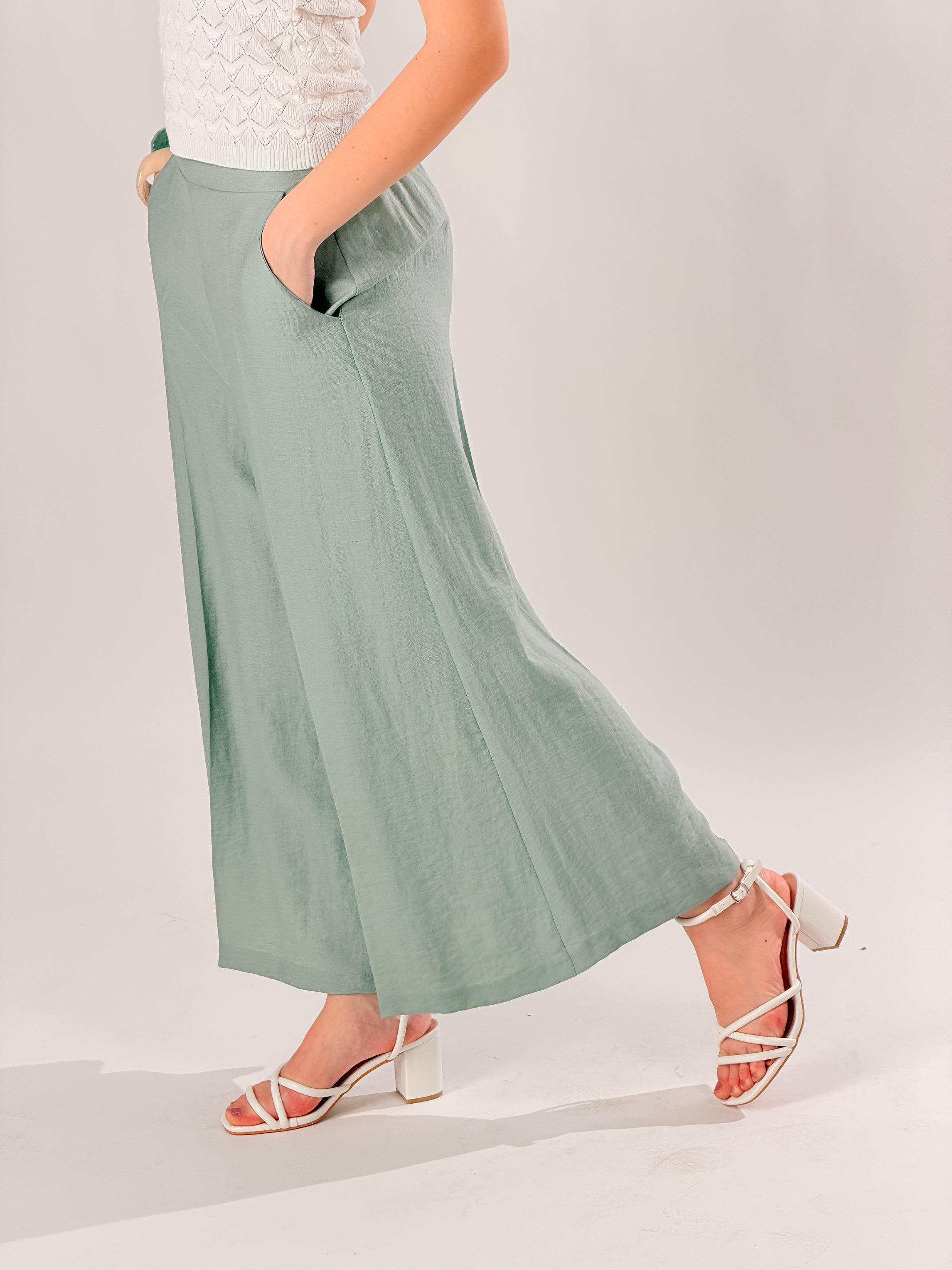 Pantaloni ampi alla caviglia misto lino|Colore:Menta