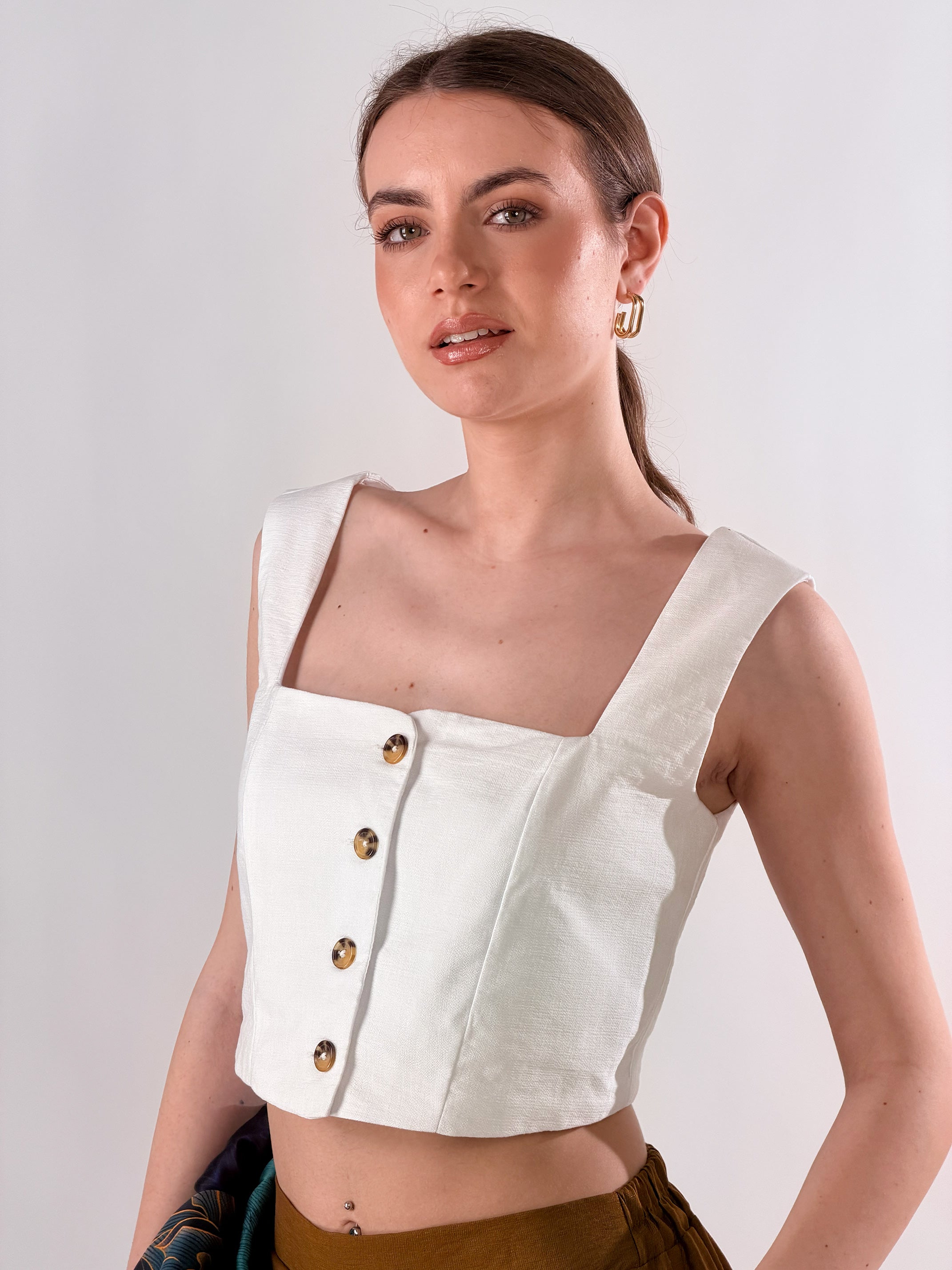 Top Karen effetto lino|Colore:Bianco