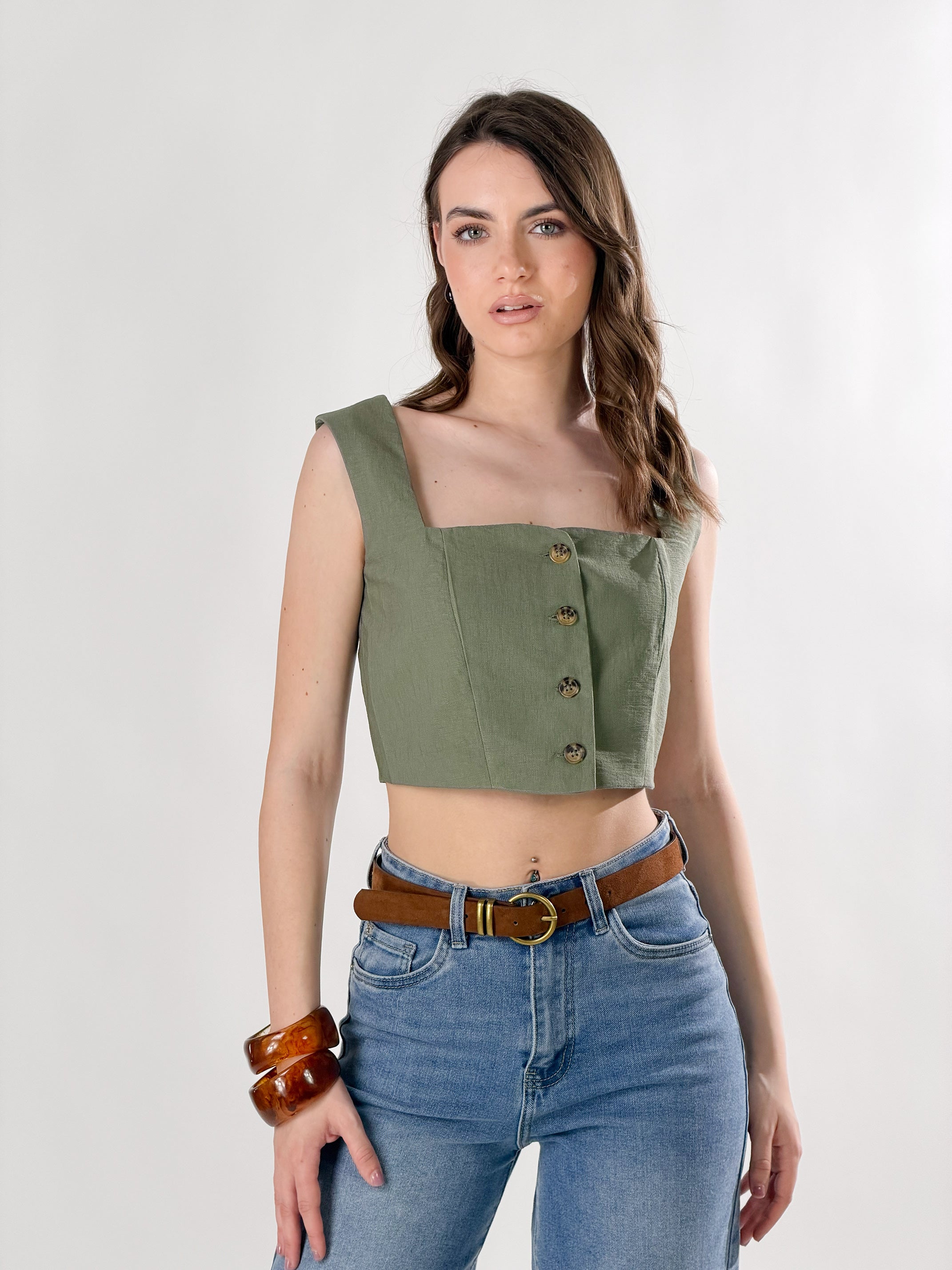 Top Karen effetto lino|Colore:Verde militare