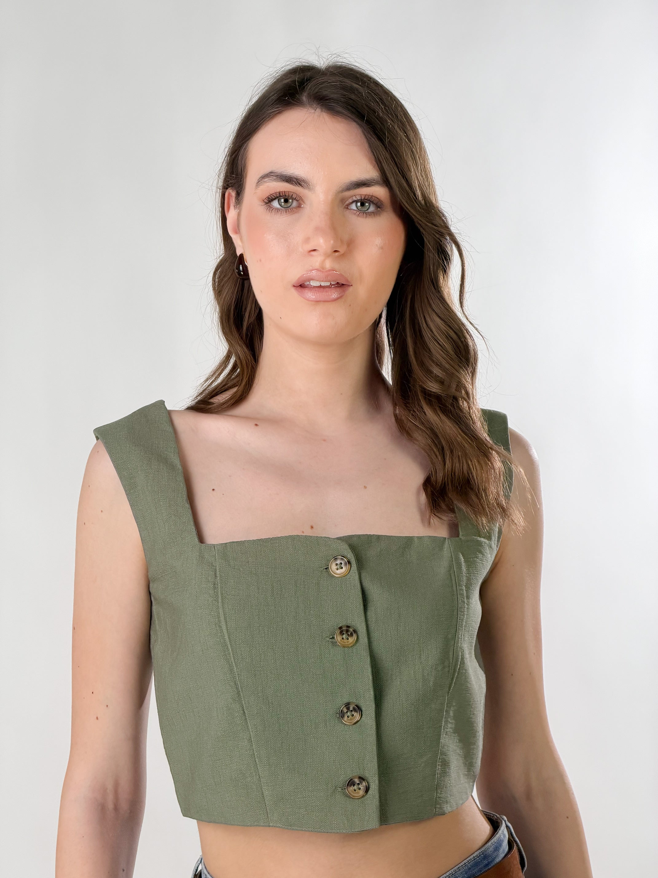 Top Karen effetto lino|Colore:Verde militare