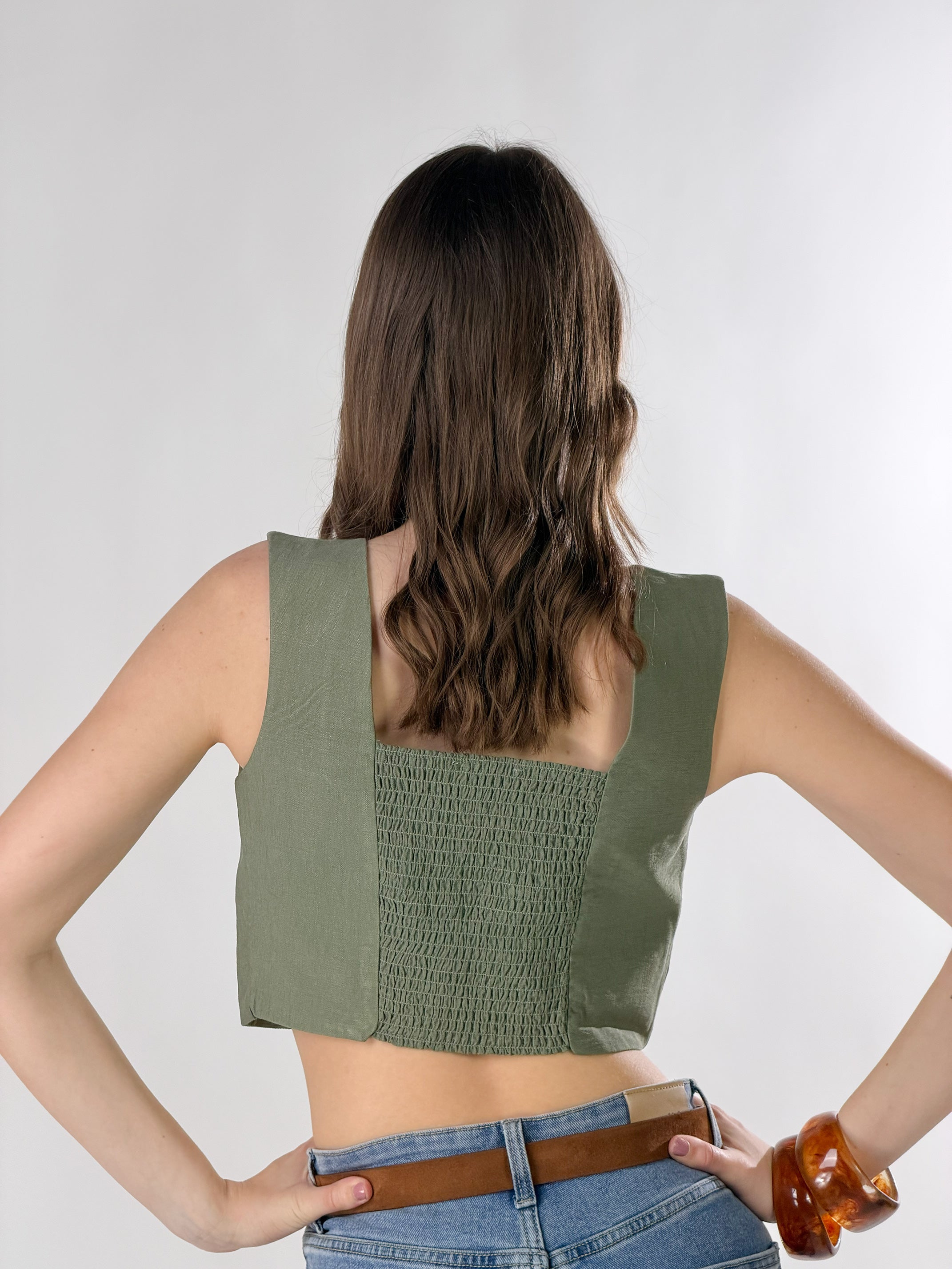 Top Karen effetto lino|Colore:Verde militare