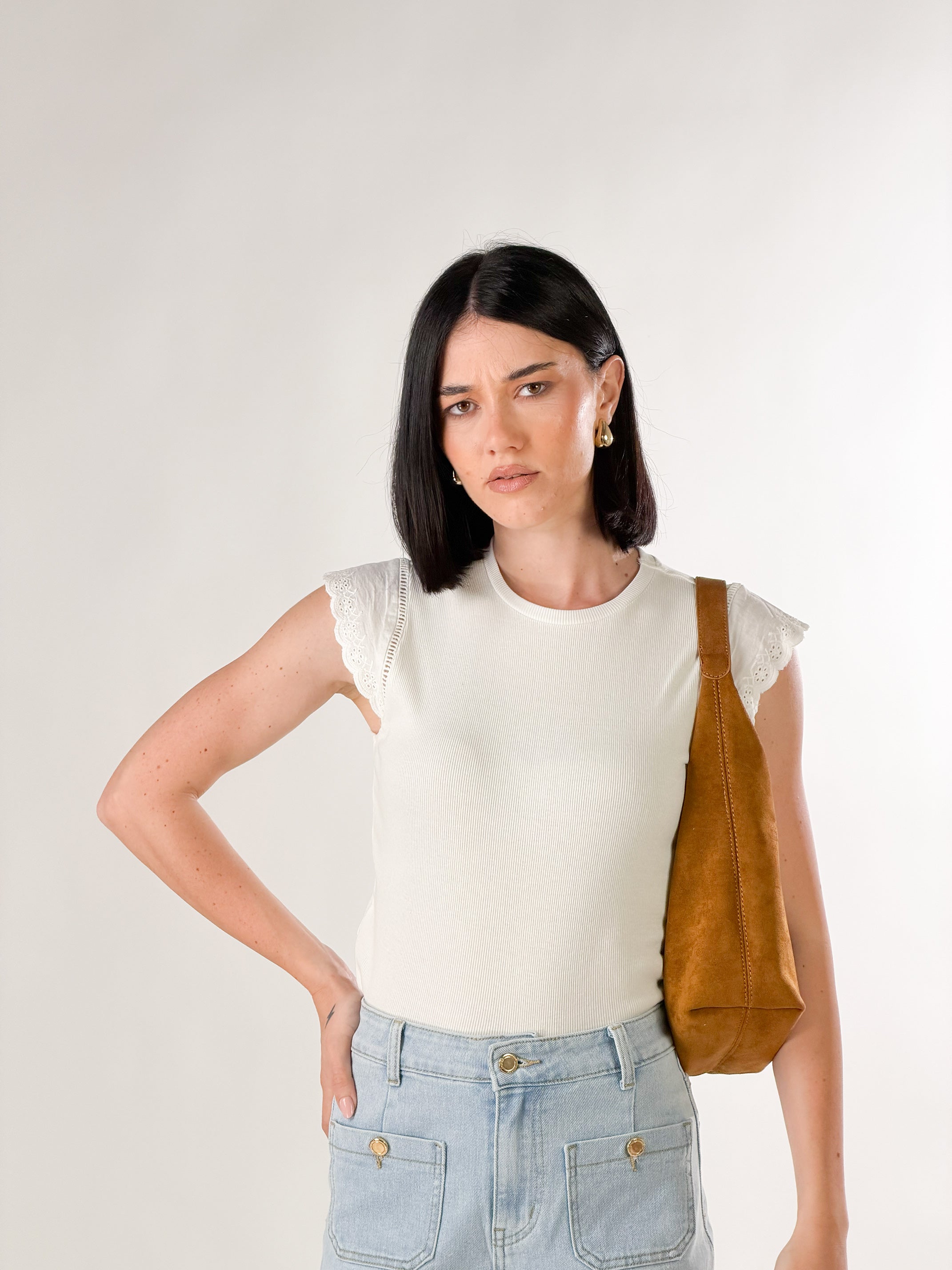 T-Shirt manica aletta in pizzo san gallo|Colore:Bianco latte
