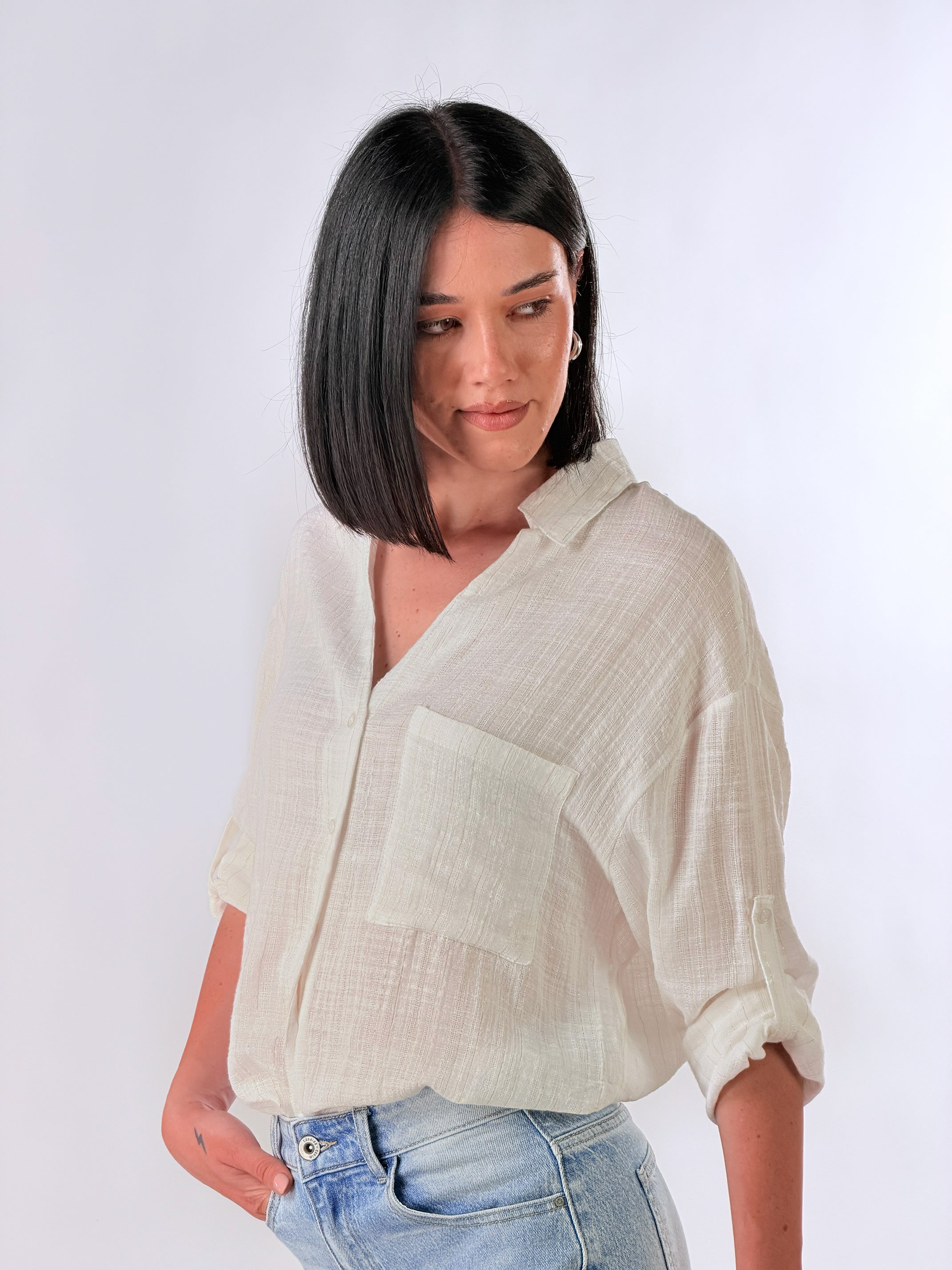 Camicia effetto fiammato con filato lurex oro|Colore:Bianco