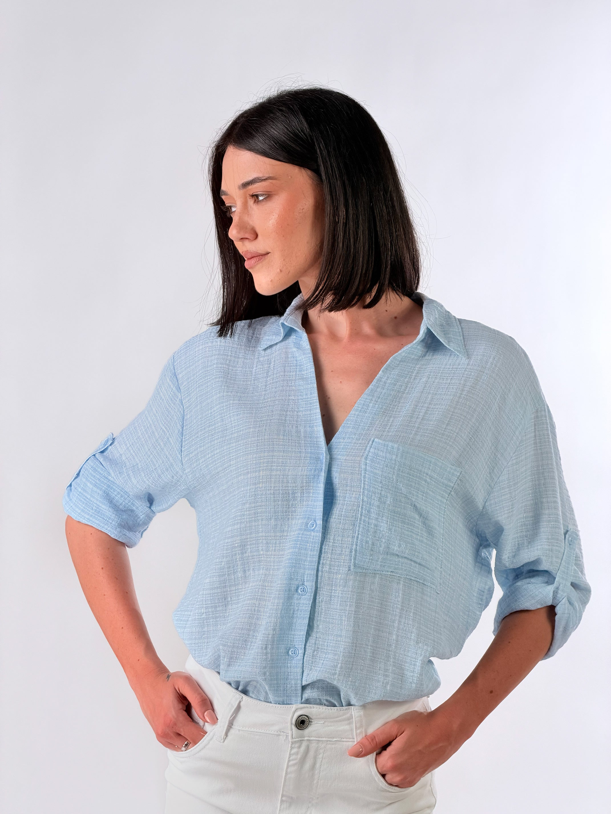 Camicia effetto fiammato con filato lurex oro|Colore:Celeste