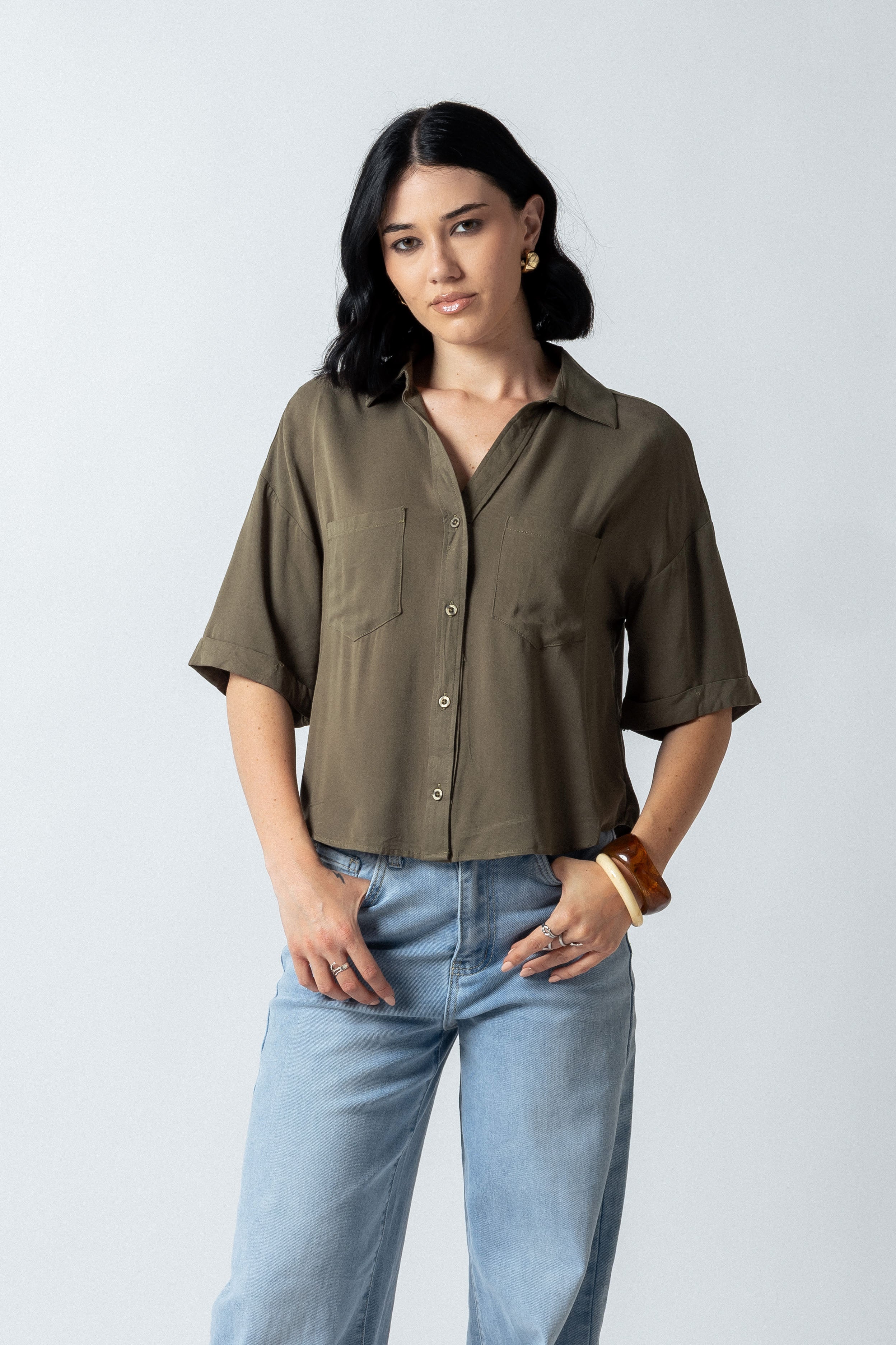 Camicia over crop con tasche|Colore:Salvia