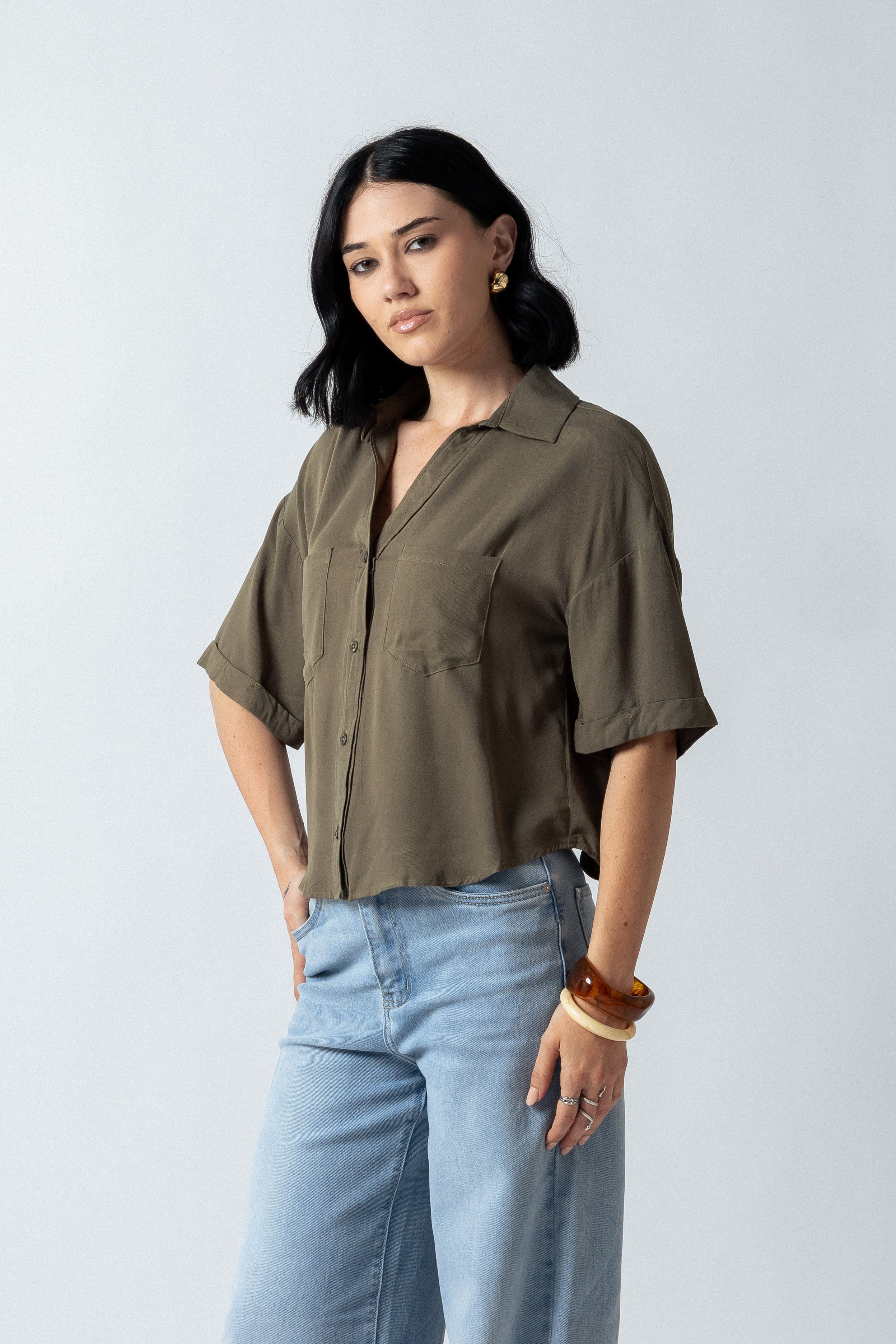 Camicia over crop con tasche|Colore:Salvia