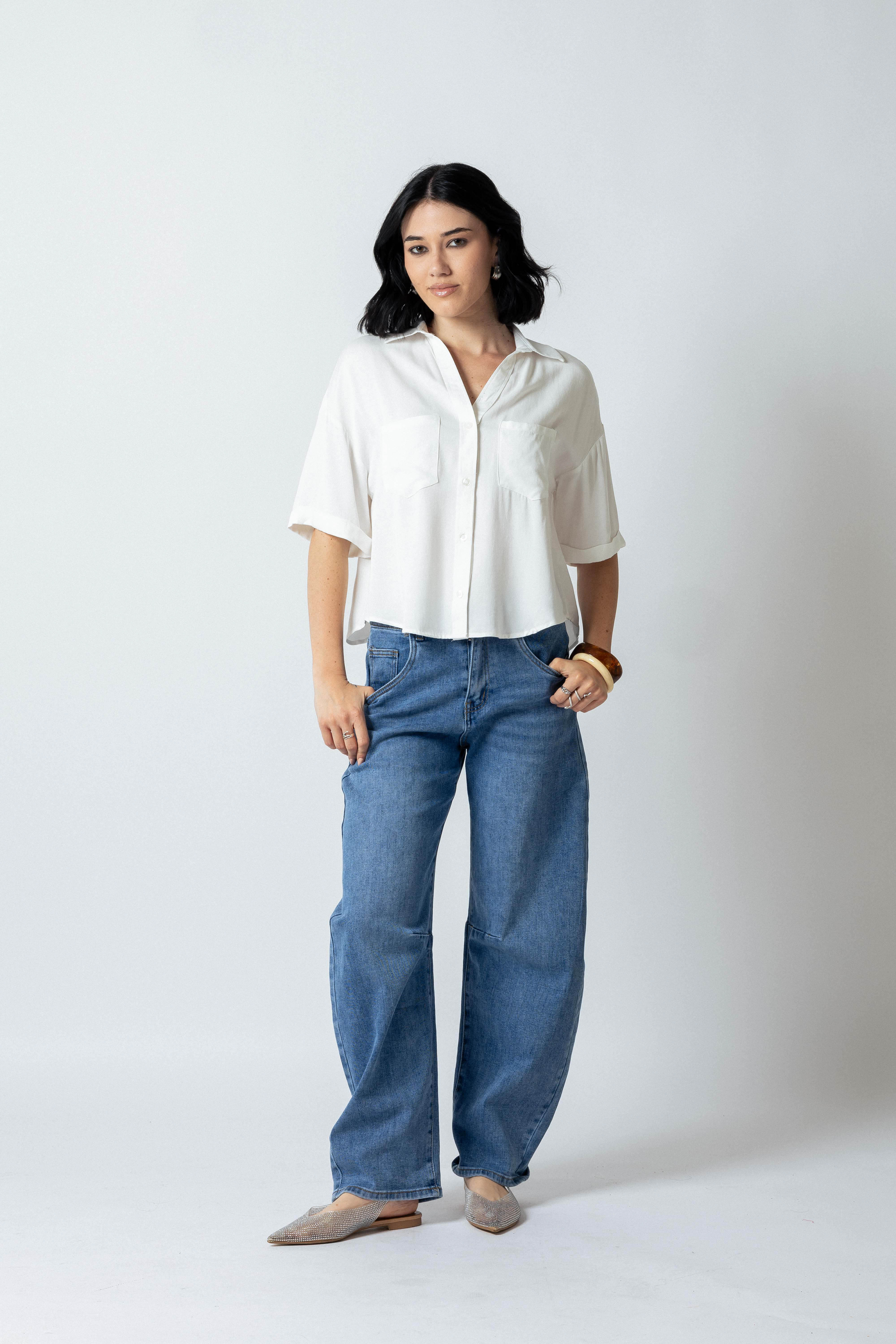 Camicia over crop con tasche|Colore:Bianco latte