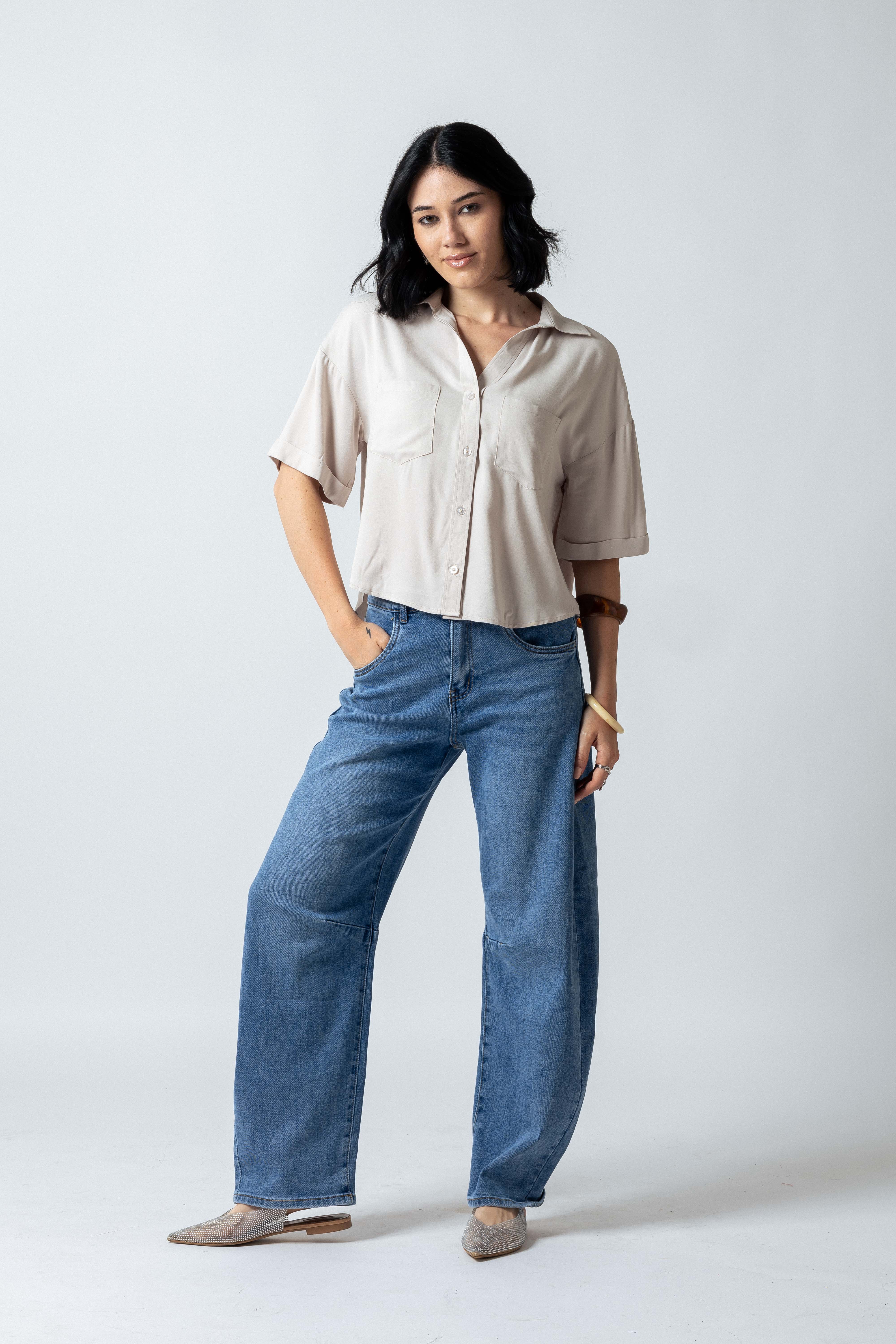 Camicia over crop con tasche|Colore:Corda