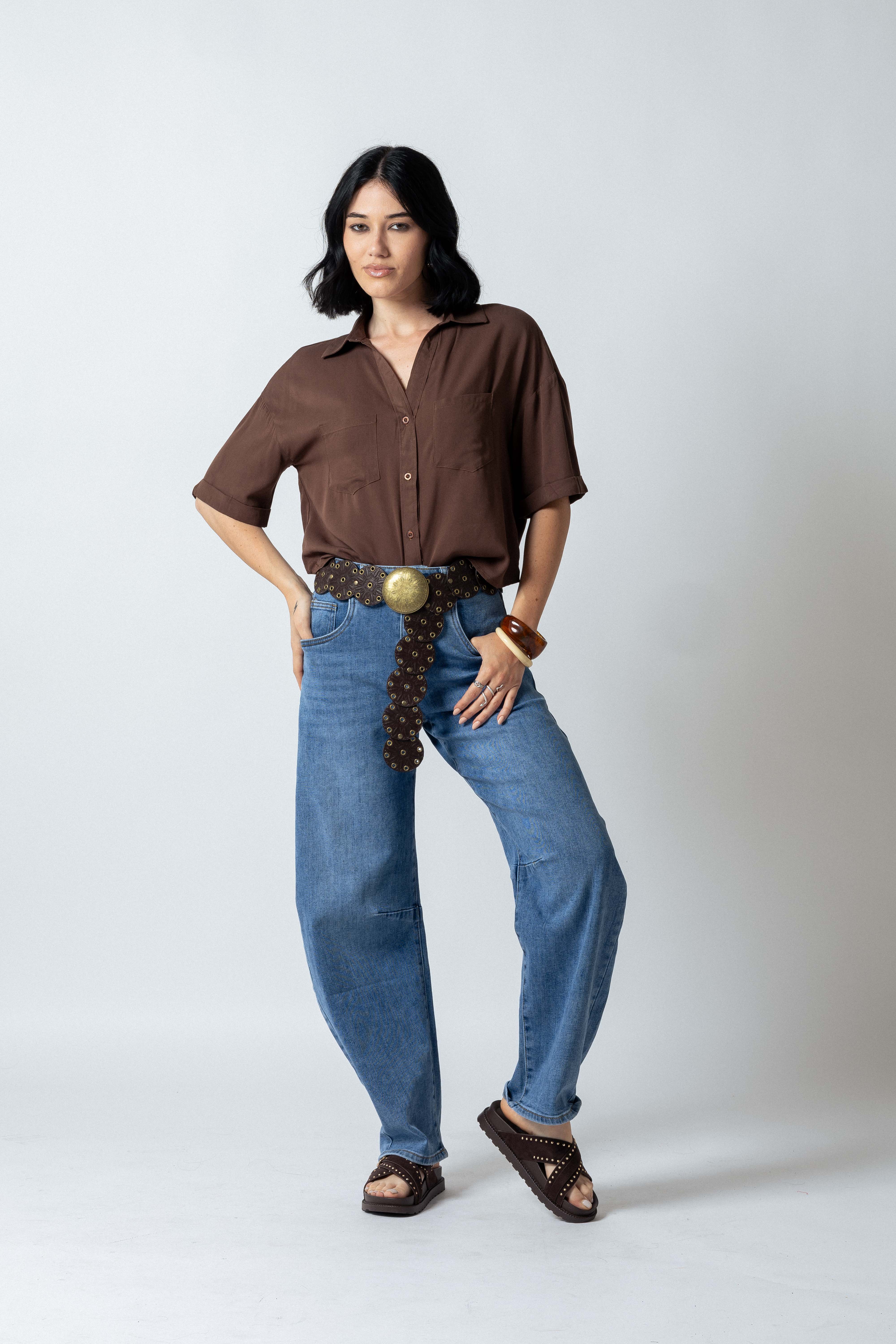 Camicia over crop con tasche|Colore:Tabacco