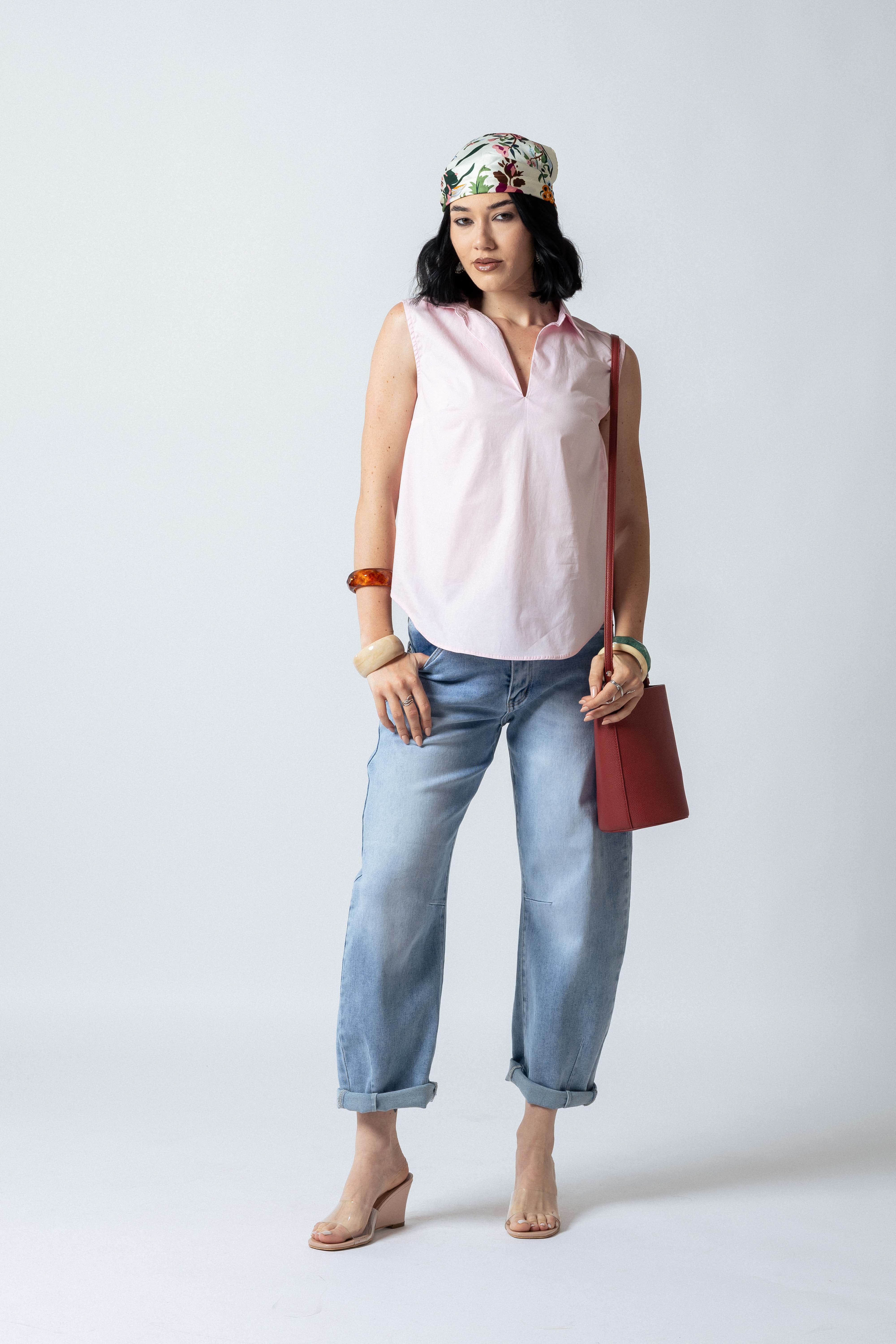 Camicia scollo a V senza bottoni|Colore:Rosa chiaro