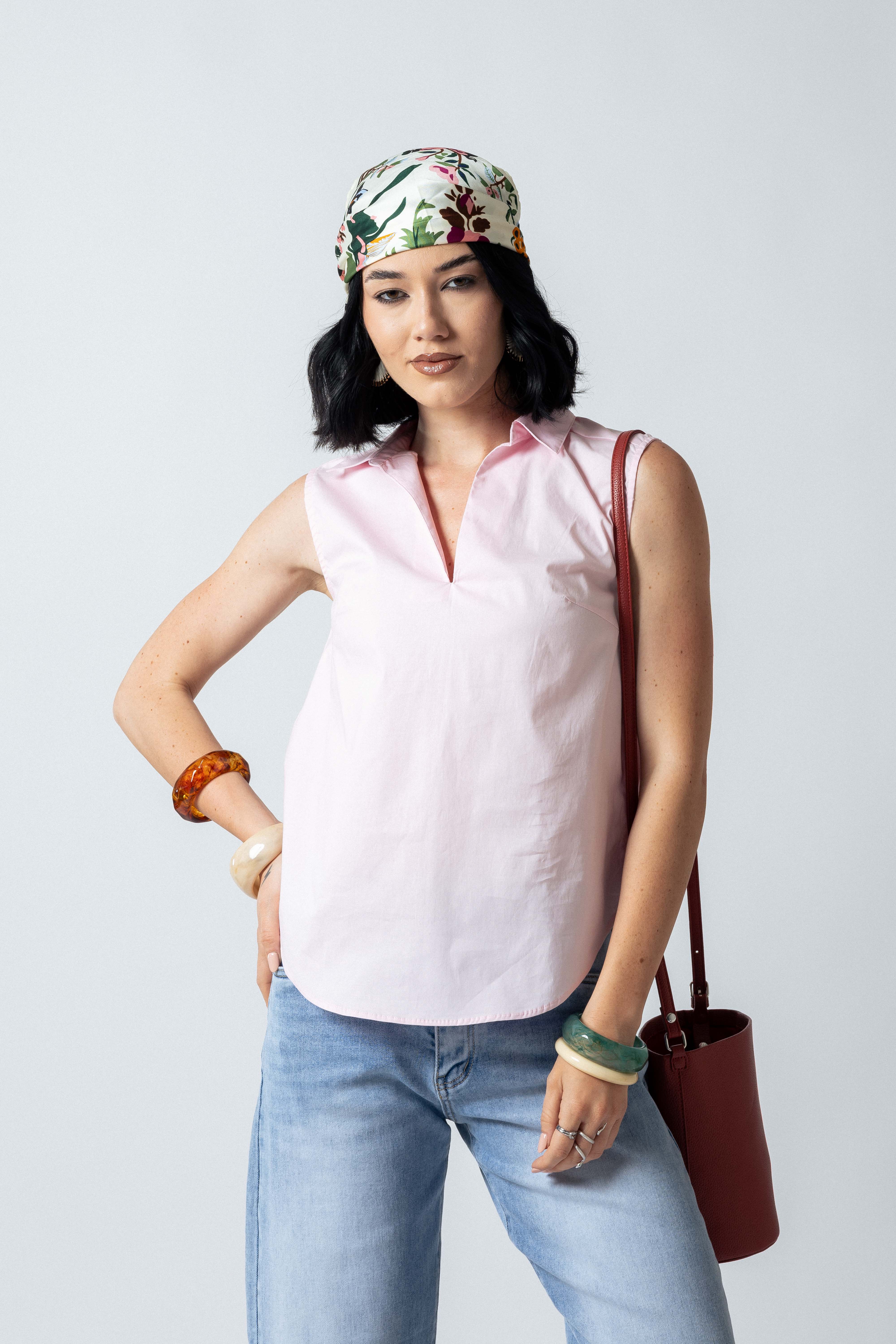 Camicia scollo a V senza bottoni|Colore:Rosa chiaro