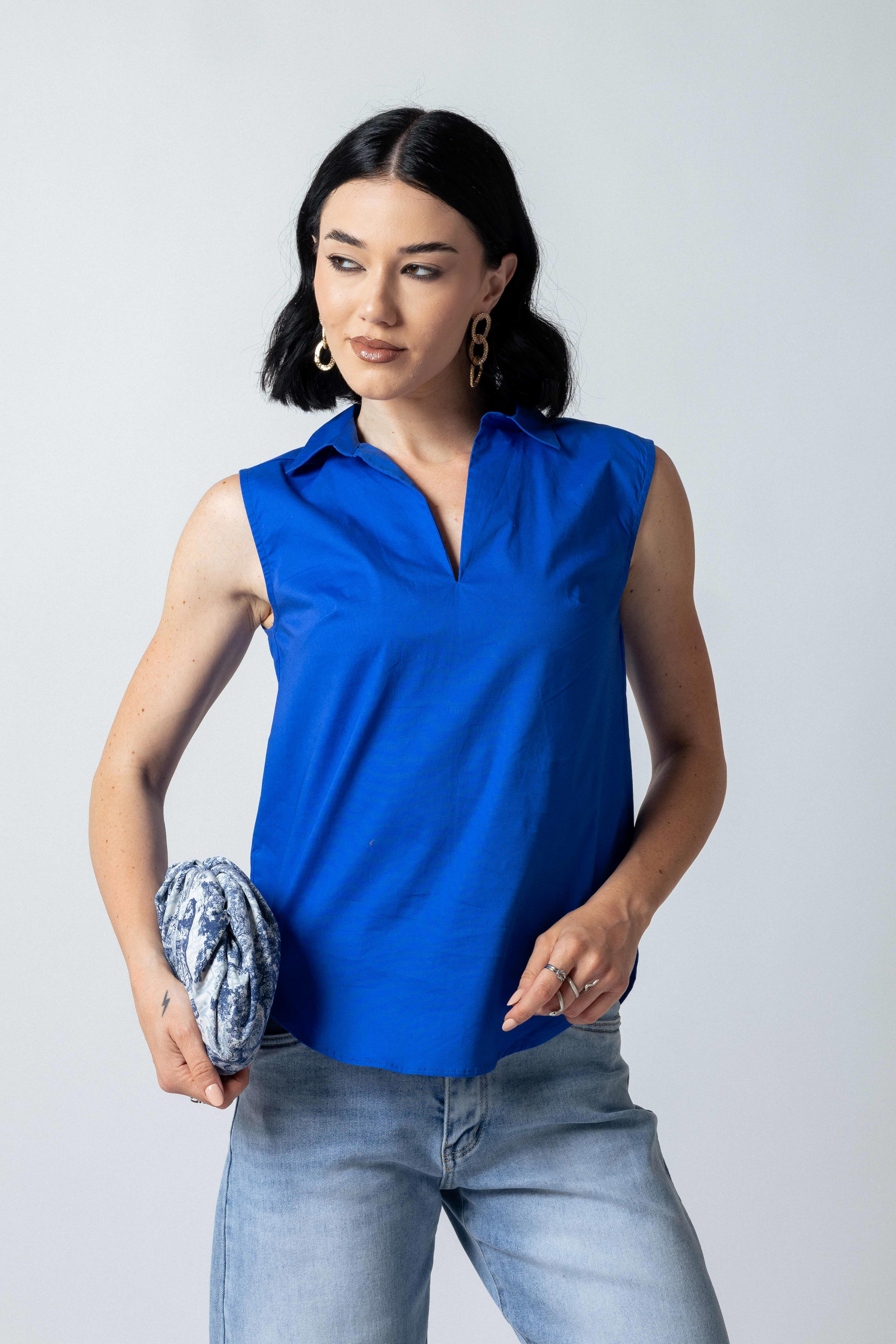 Camicia scollo a V senza bottoni|Colore:Blu royal