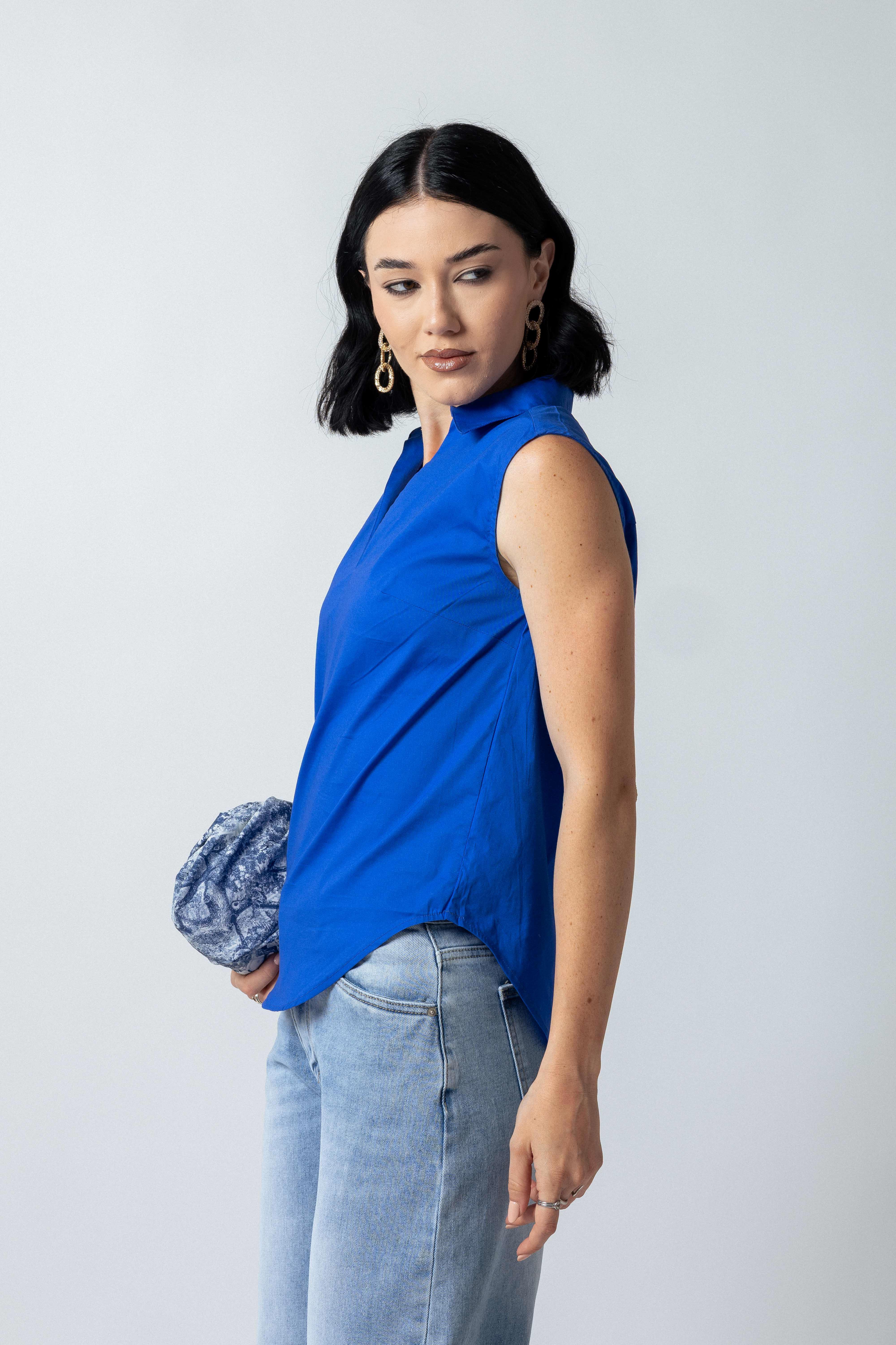 Camicia scollo a V senza bottoni|Colore:Blu royal